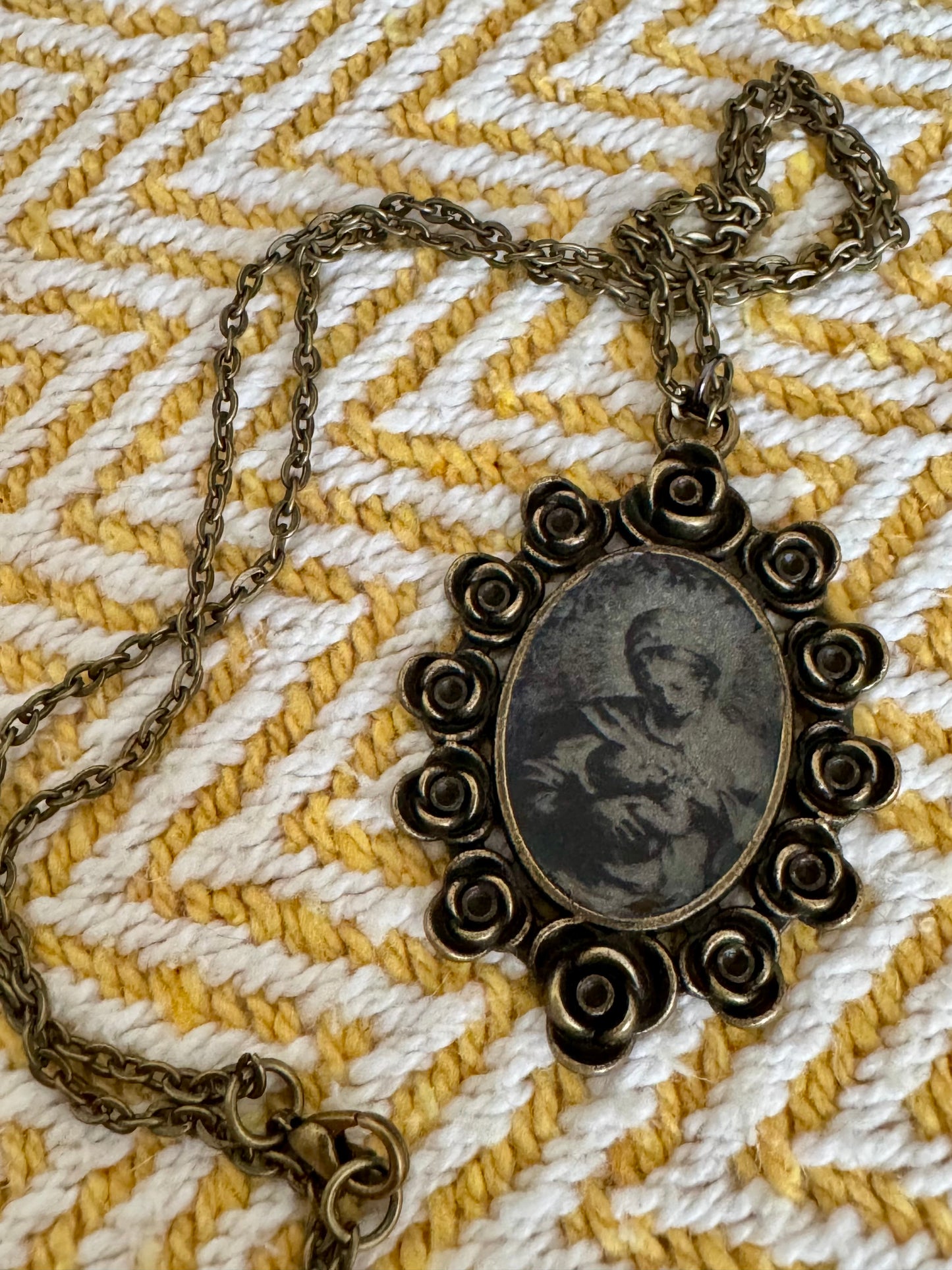 20” Vintage Style Bronze Catholic Mary with Baby Jesus Image Necklace