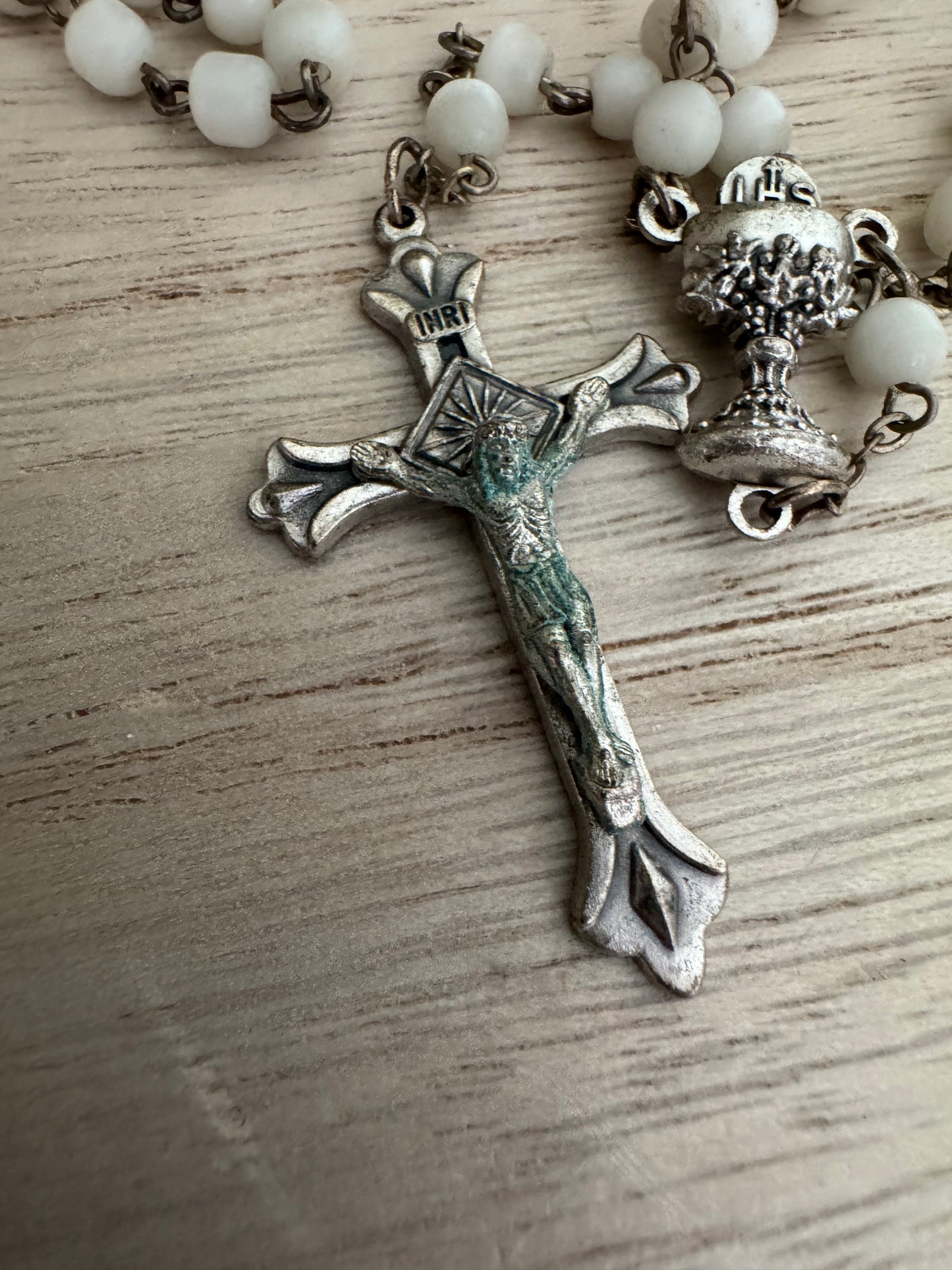 Vintage White Rosary – Chalice Centerpiece