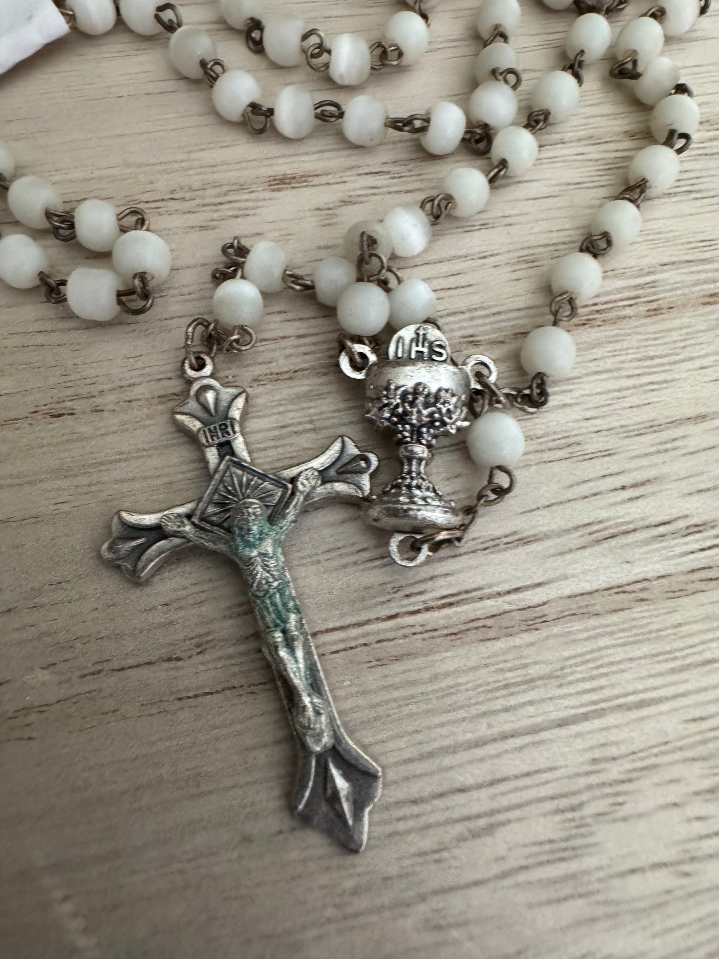 Vintage White Rosary – Chalice Centerpiece