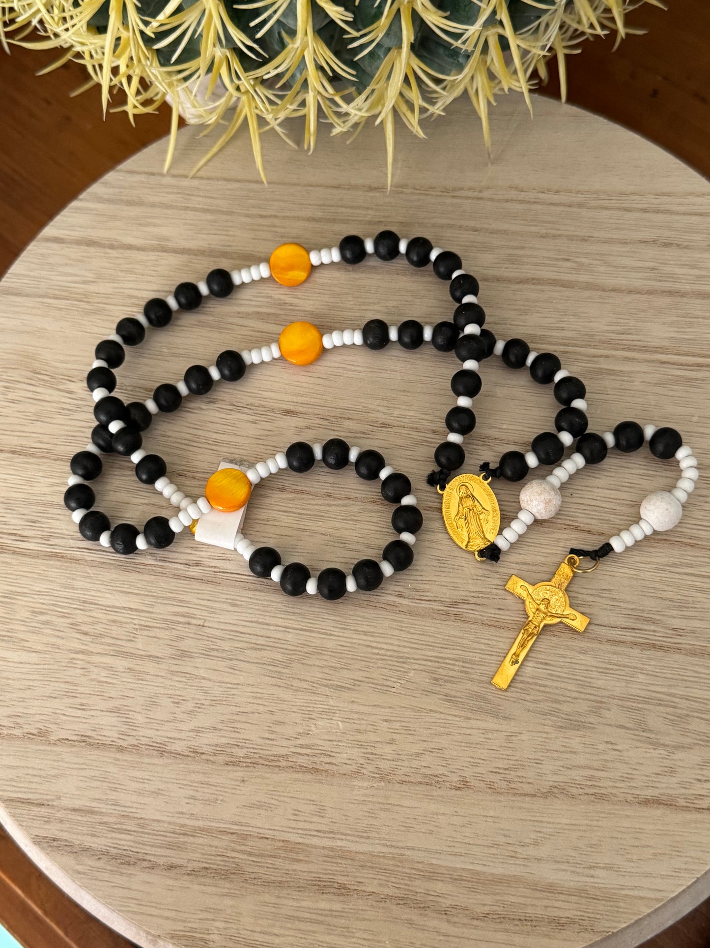 Handmade Black, White & Yellow Rosary – One-of-a-Kind Design!