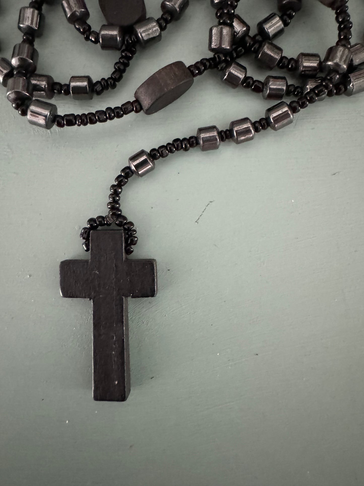 Black and Metallic Bead Rosary – Wooden Crucifix and Decade Pieces