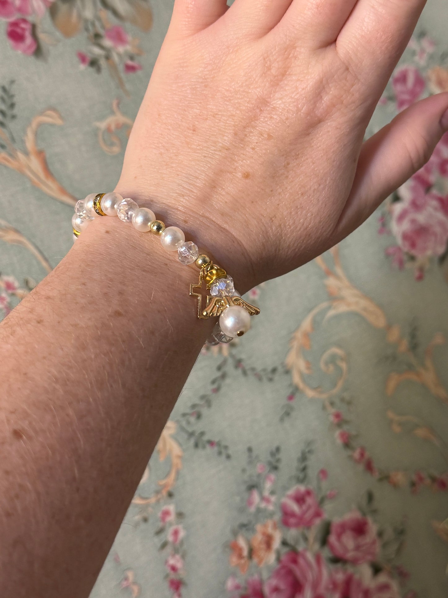 Blessed Moments Stretch Bracelet – White & Gold with Angel and Cross Charms