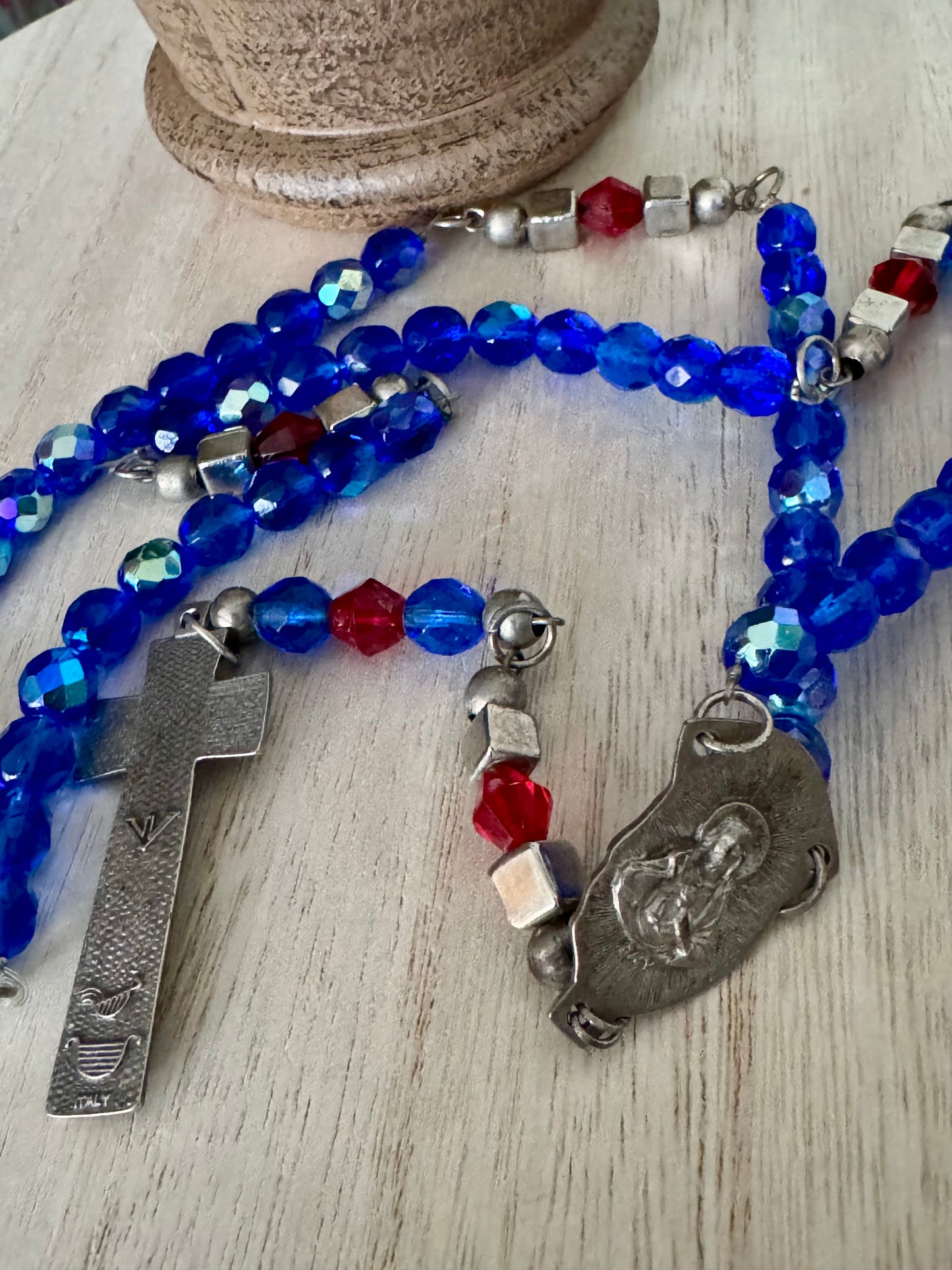 Handmade Metal Core Rosary with Blue Crystal-Like Beads and Vintage Crucifix – AS IS