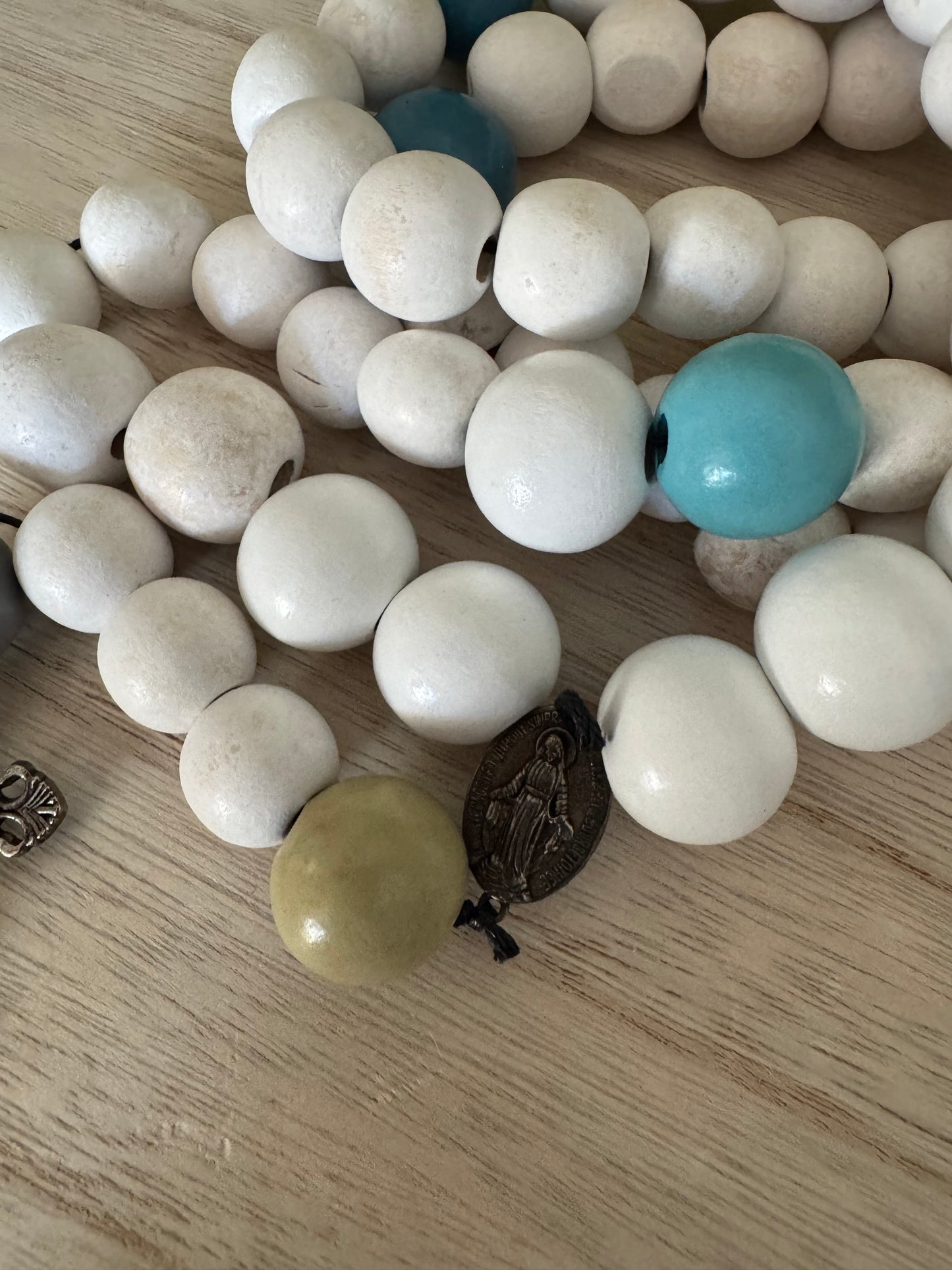 Chunky Wood Bead Rosary – White, Green & Blue | Handmade
