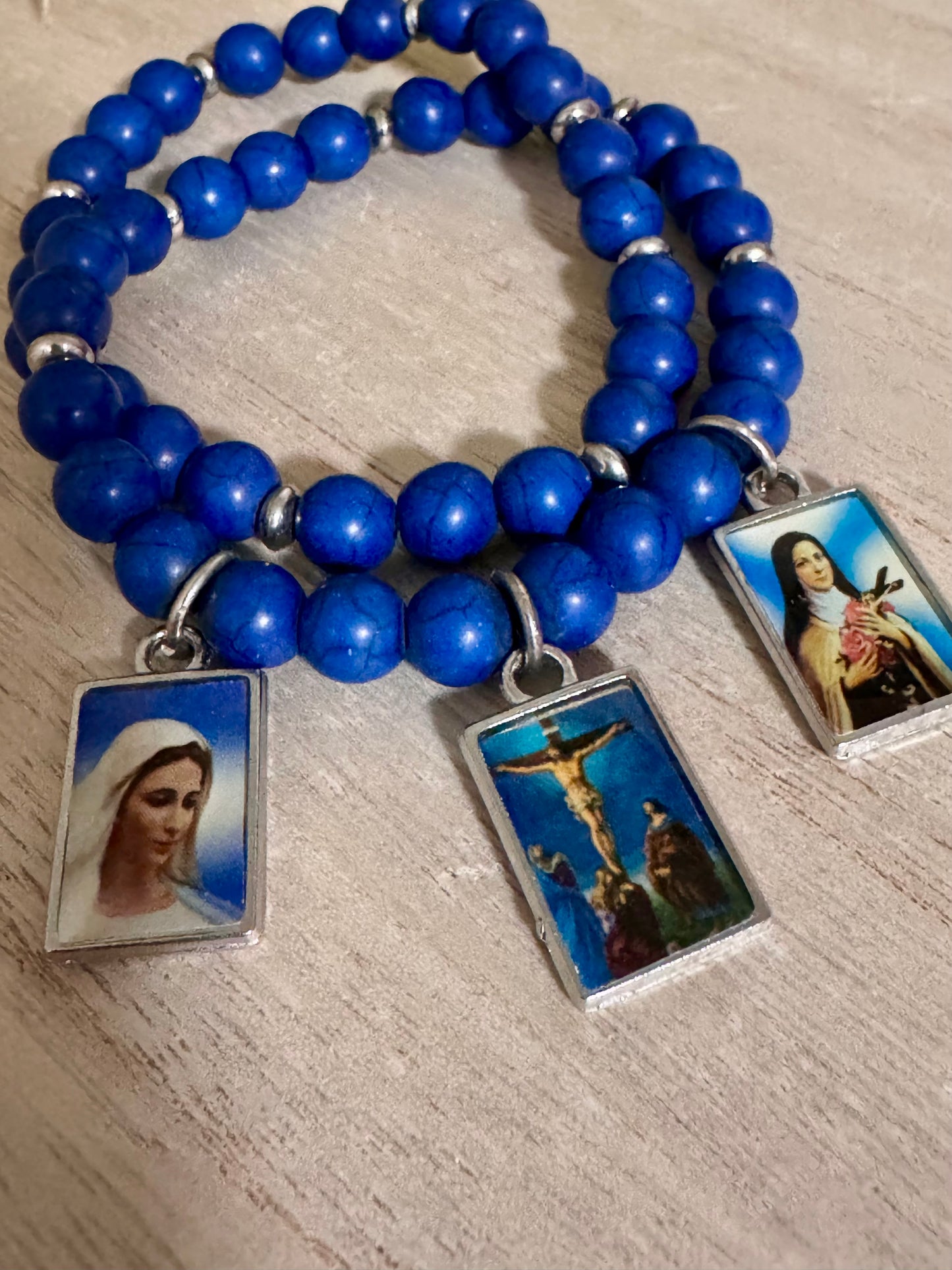 Dark Blue Charm Bracelet Mother Mary, Jesus crucified, St. Therese of Lisieux 