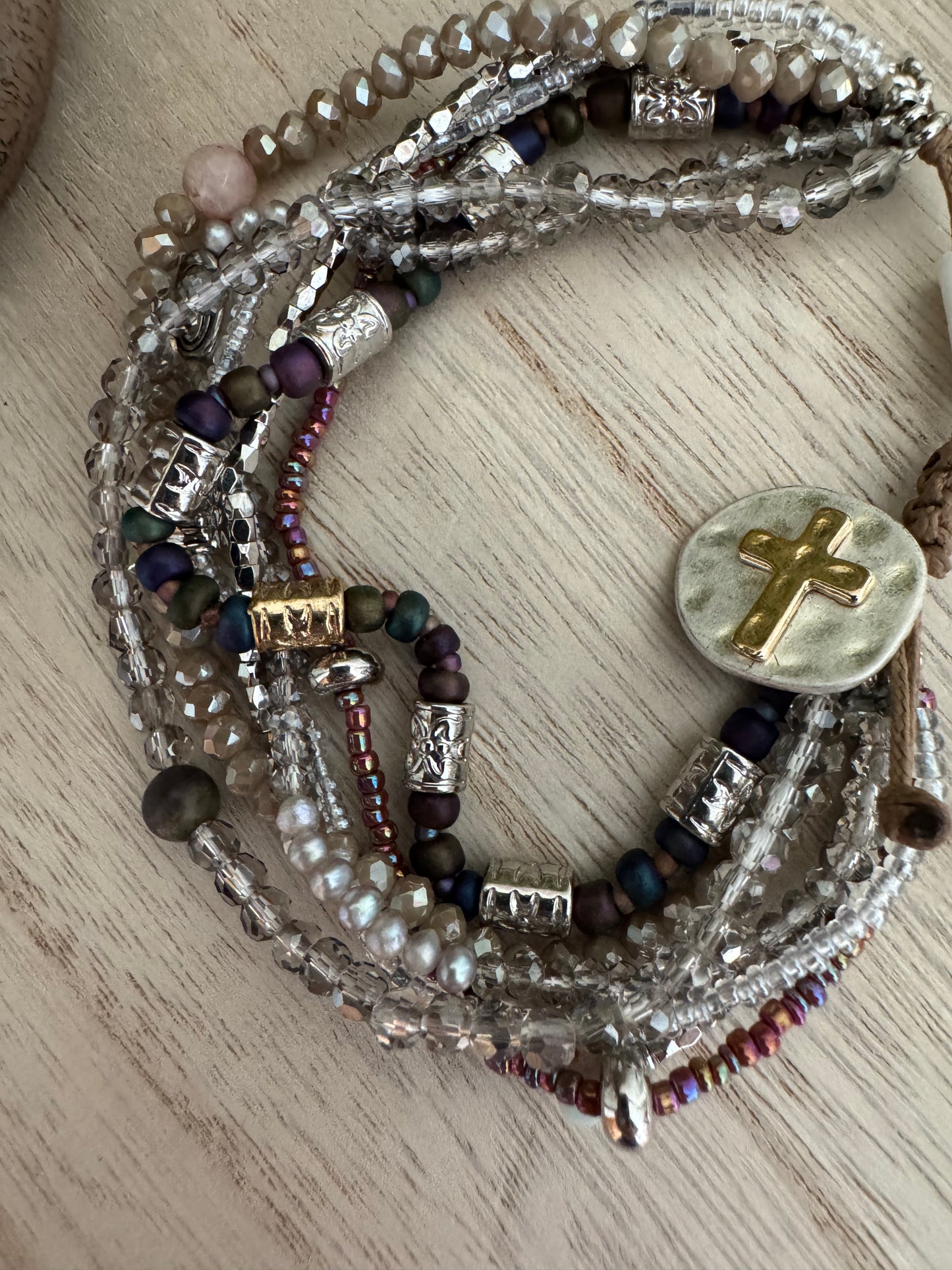 Adjustable Multi-Bead Layered Bracelet with Cross Charm