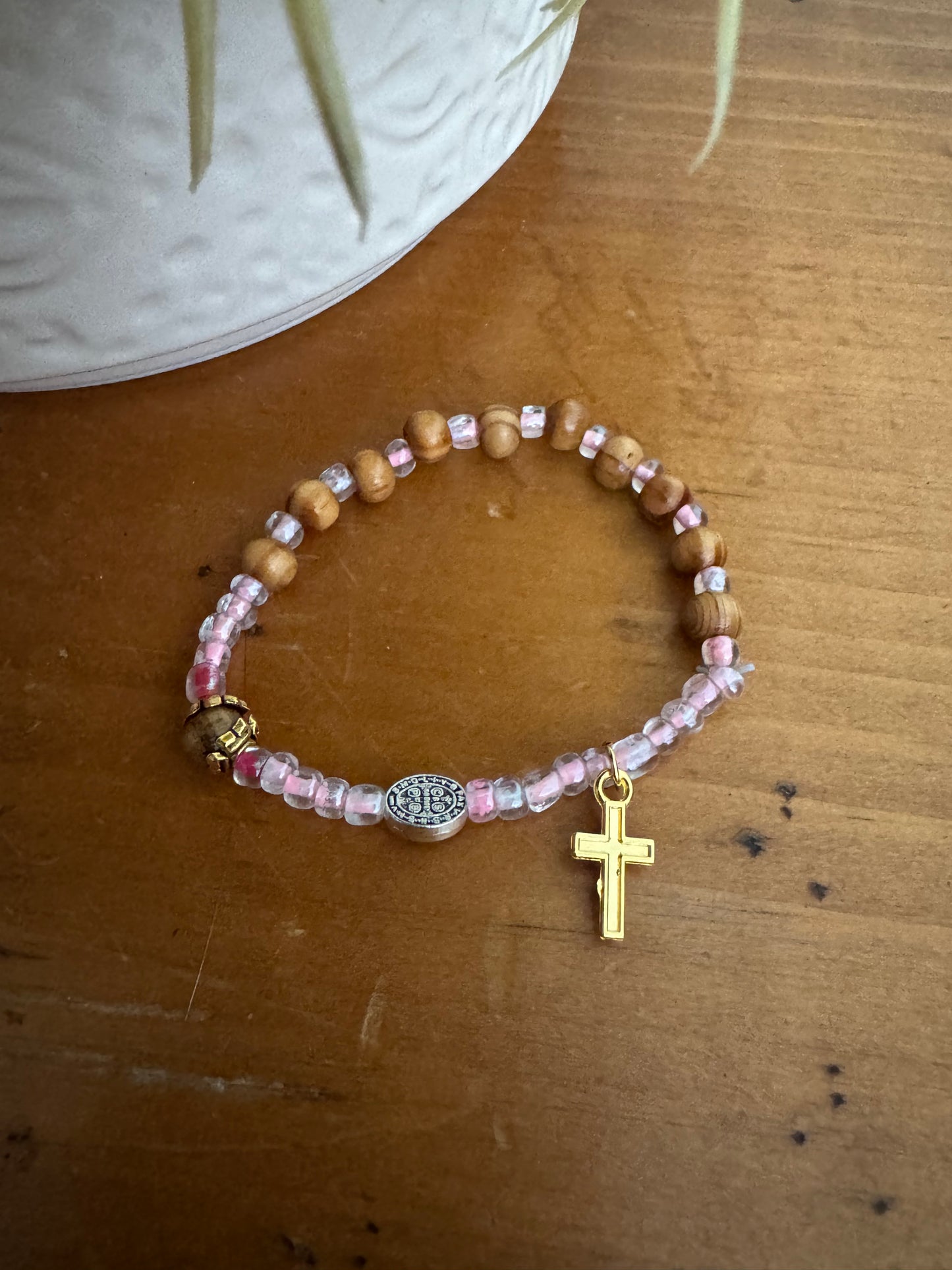 Handmade Light Wood Rosary Bracelet with Pink Spacers & Gold Cross