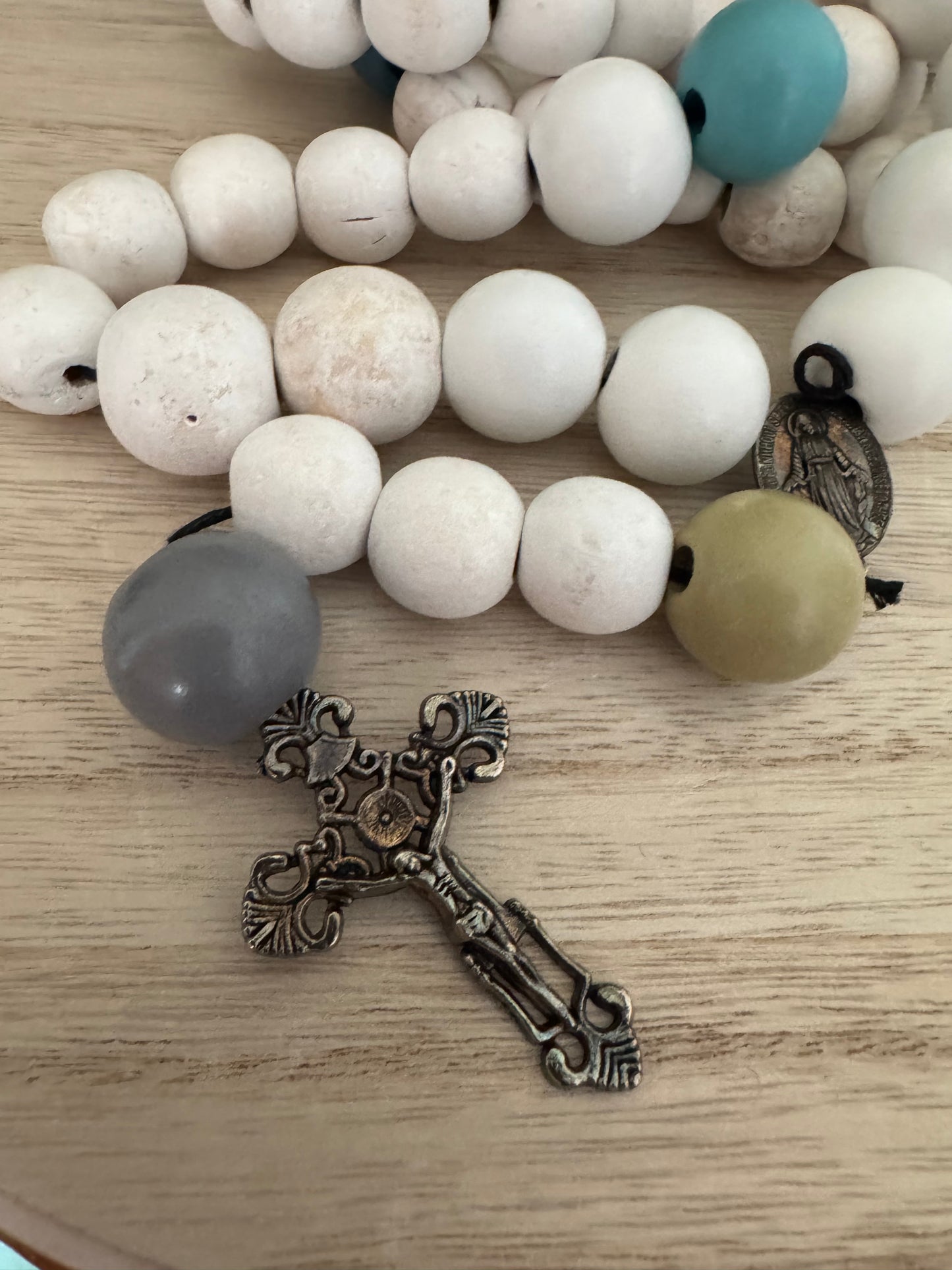 Chunky Wood Bead Rosary – White, Green & Blue | Handmade
