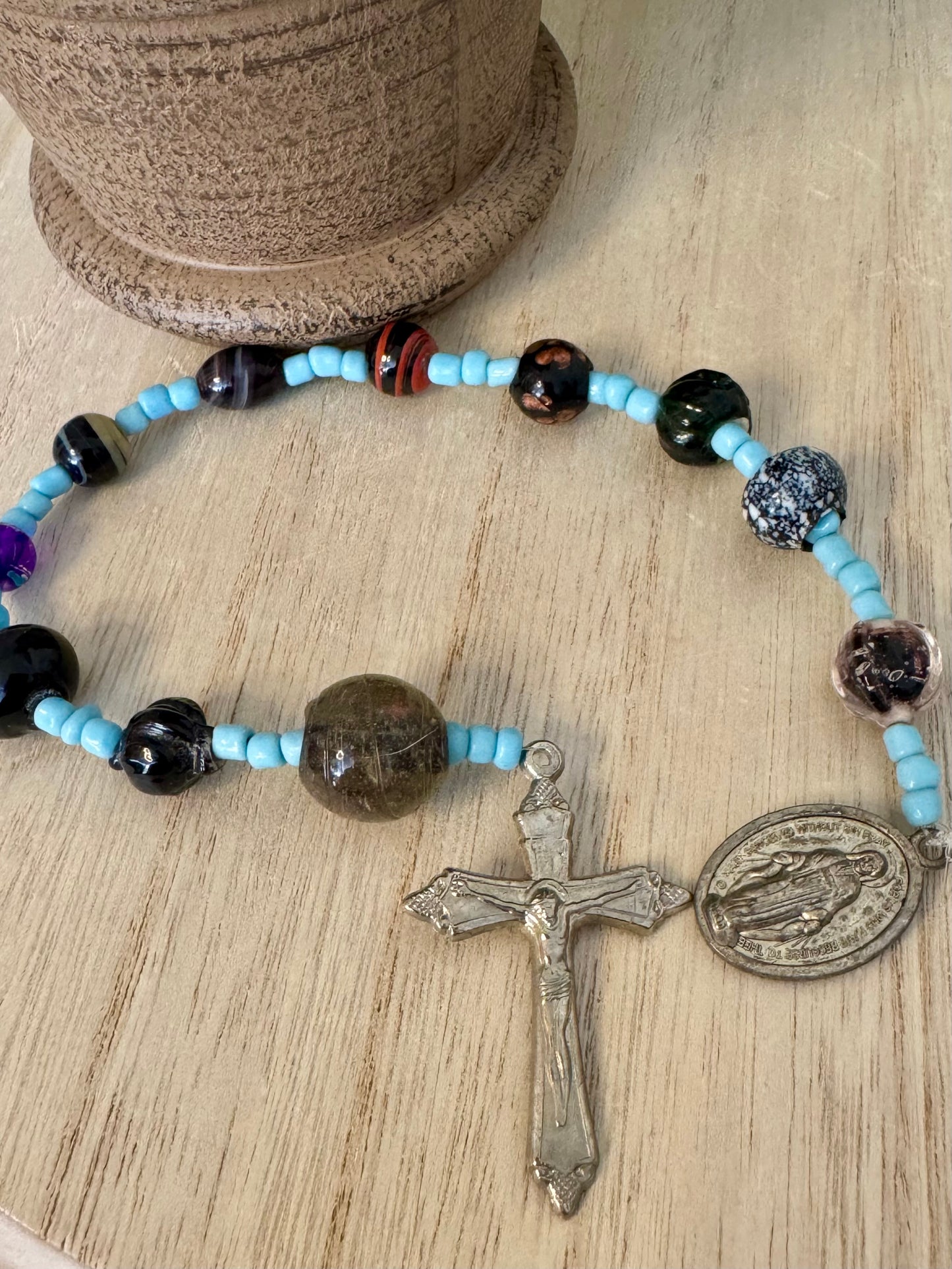 Handmade Single Decade Rosary – Silver Miraculous Medal & Crucifix, Unique Beads