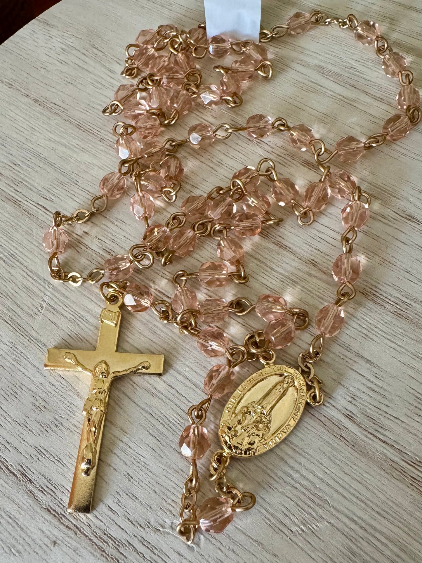 Pink & Gold Catholic Rosary – Small Crystal-Like Beads | Chain Link Design