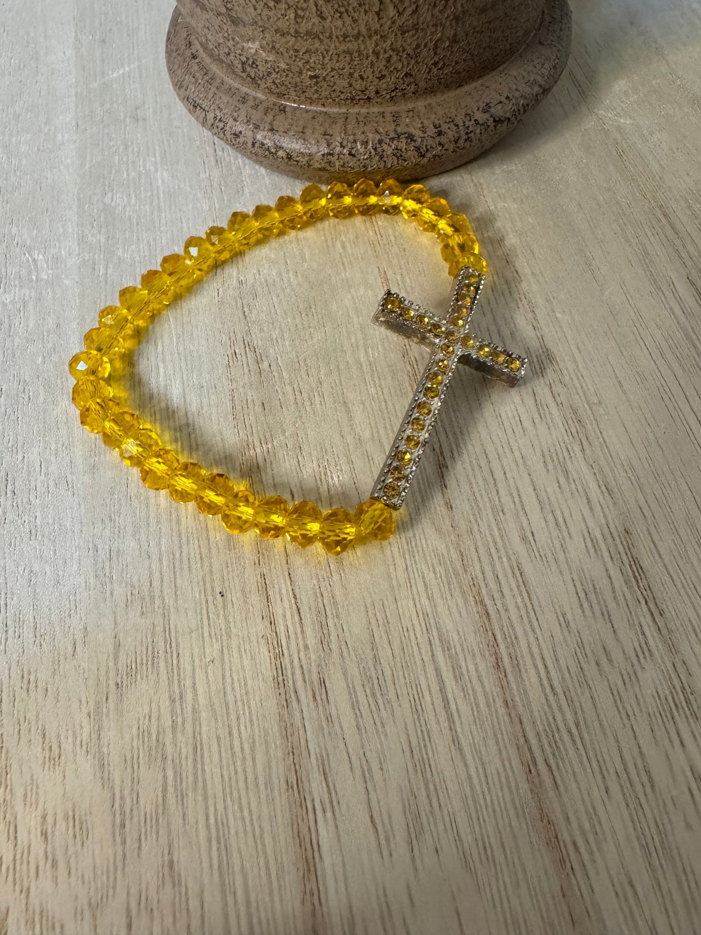 Sunlit Faith Stretch Bracelet – Yellow Crystal Beads with Rhinestone Cross