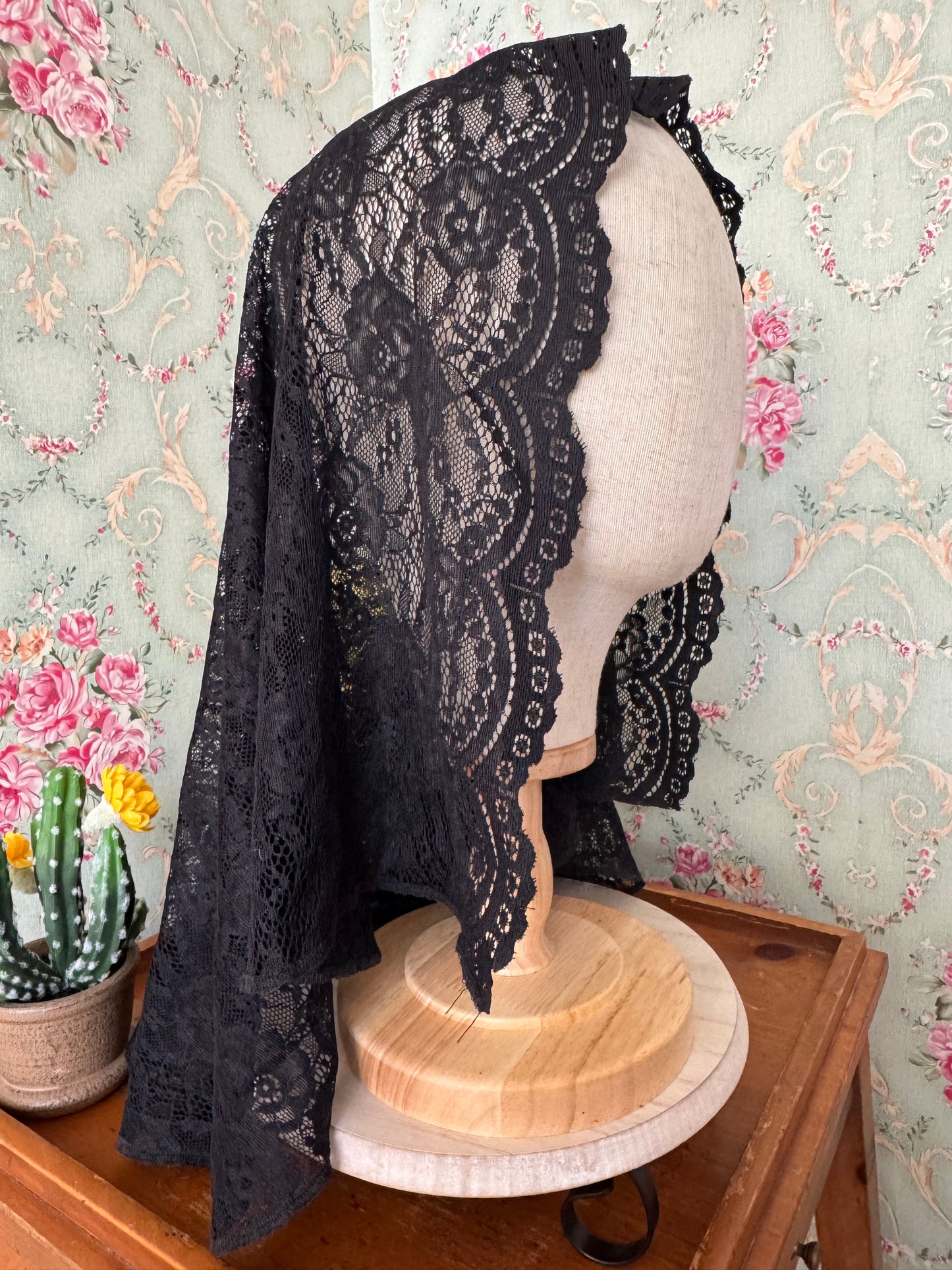 Soft Black Lace Chapel Veil – 28.5" x 25.5" | Handmade | No Clip