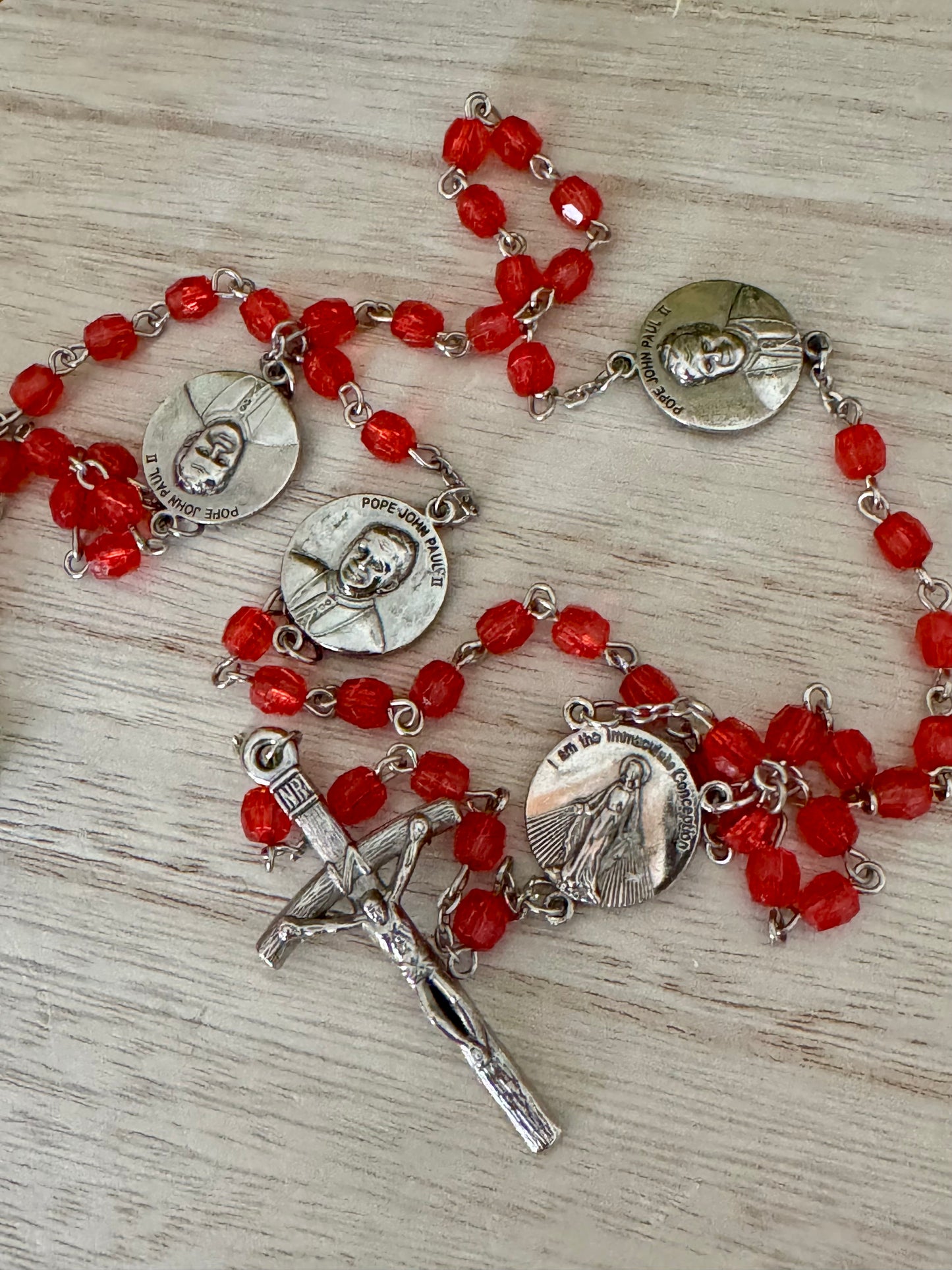 Red Plastic Bead Rosary – Pope John Paul II & Immaculate Conception