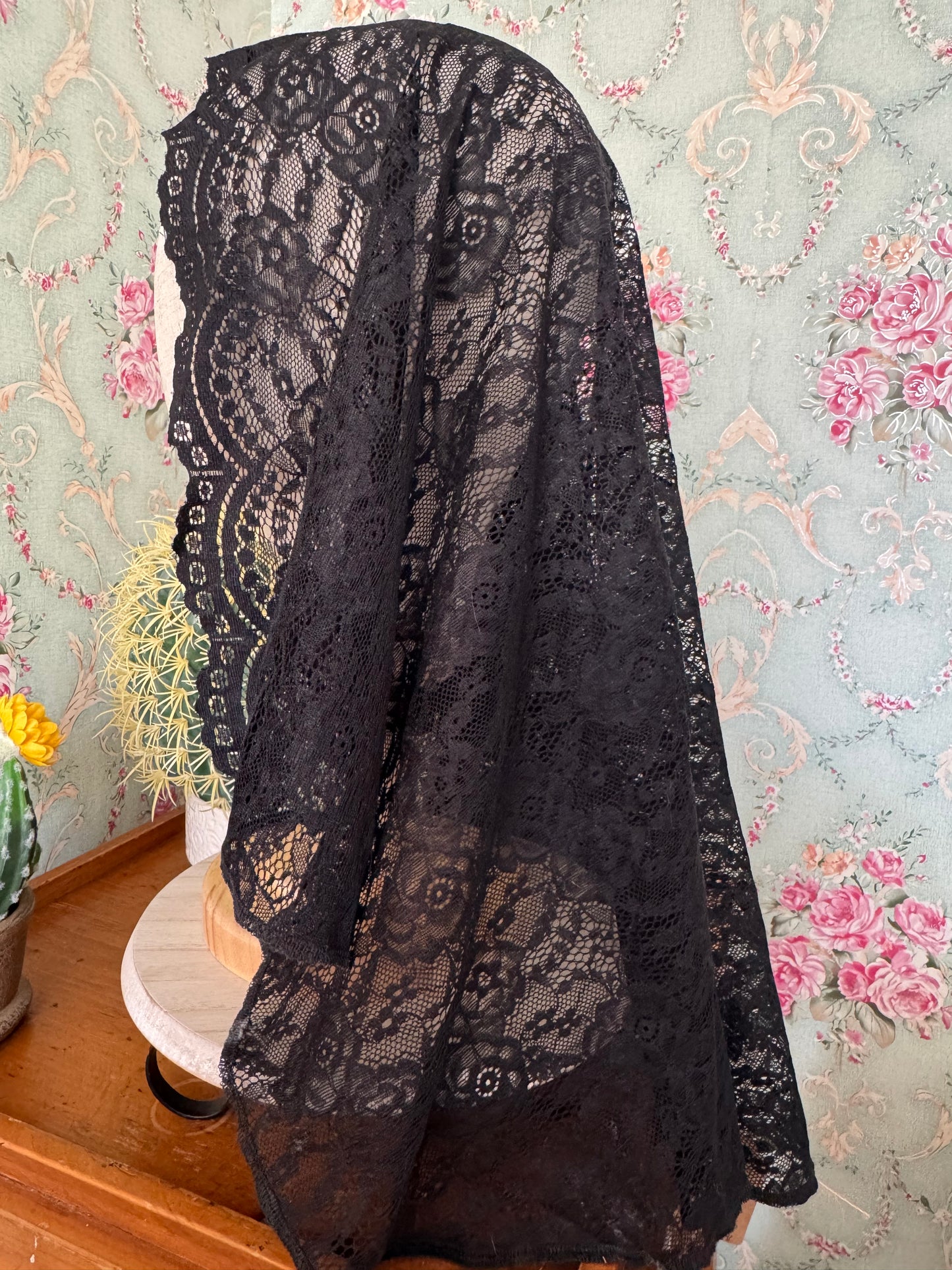 Soft Black Lace Chapel Veil – 28.5" x 25.5" | Handmade | No Clip
