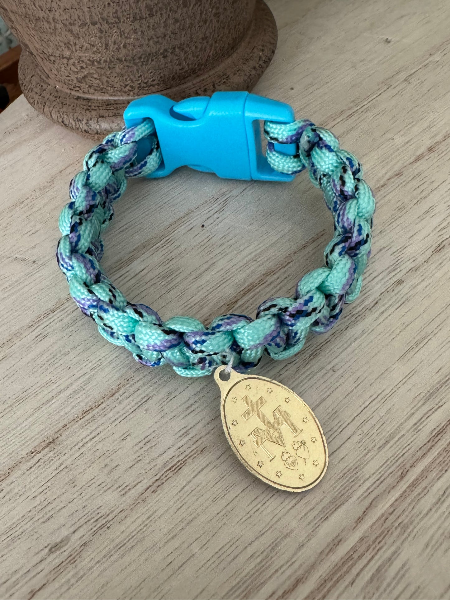 Handmade Blue Paracord Bracelet with Gold-Tone Miraculous Medal – 8"