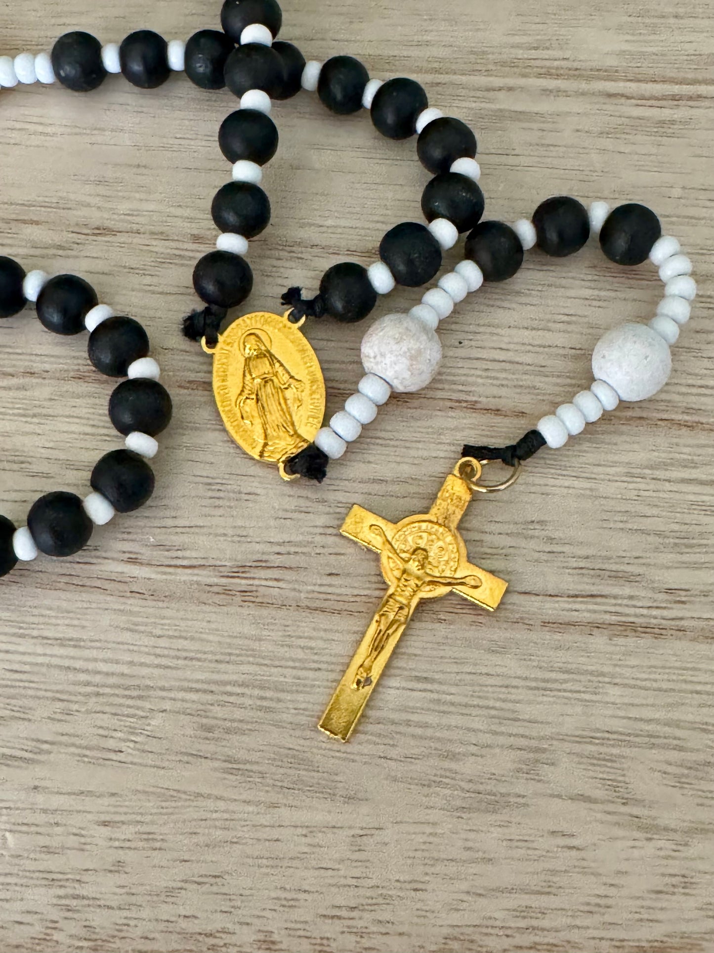 Handmade Black, White & Yellow Rosary – One-of-a-Kind Design!