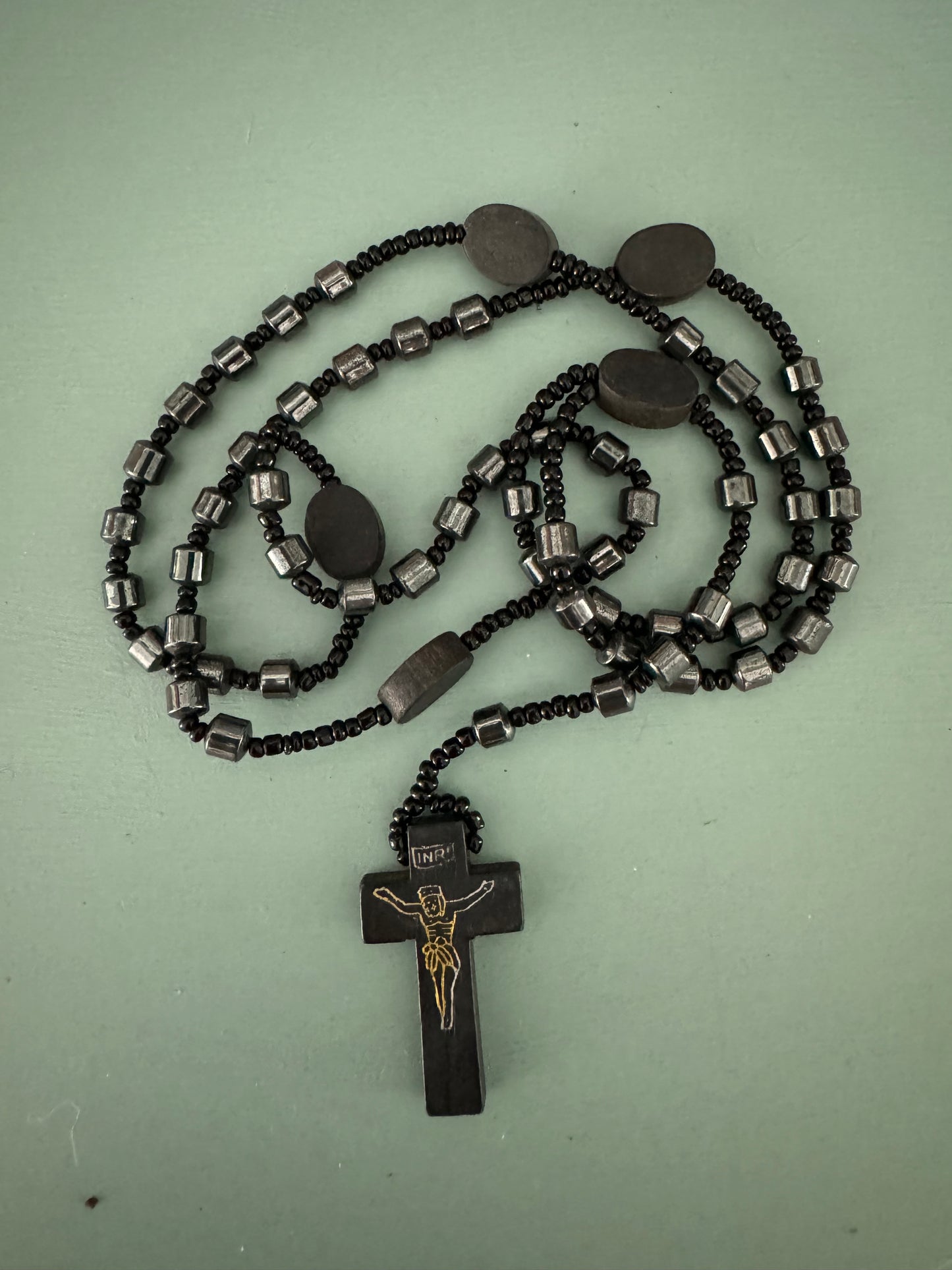 Black and Metallic Bead Rosary – Wooden Crucifix and Decade Pieces