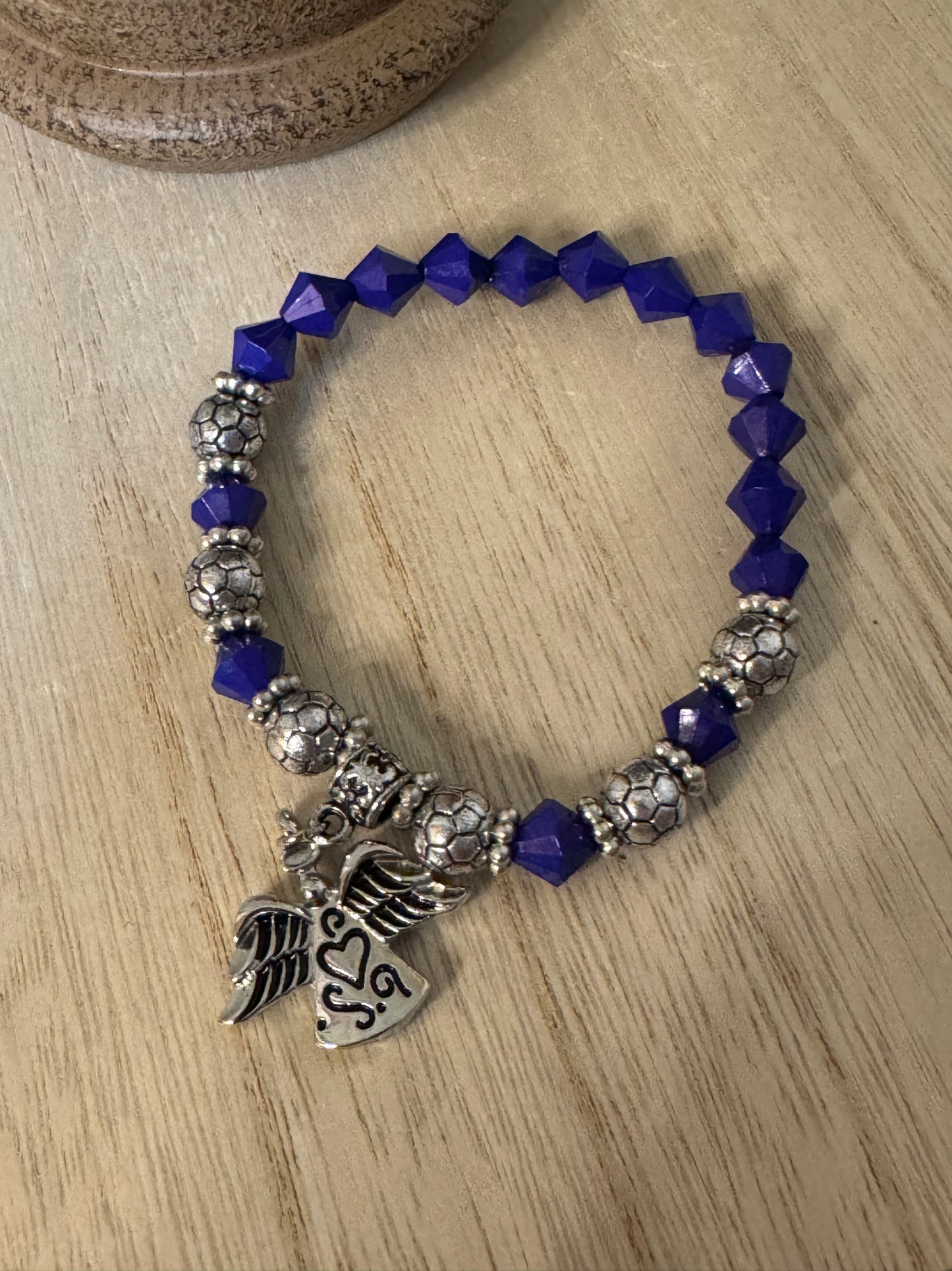 Heavenly Protection Stretch Bracelet – Silver & Blue with Angel Charm