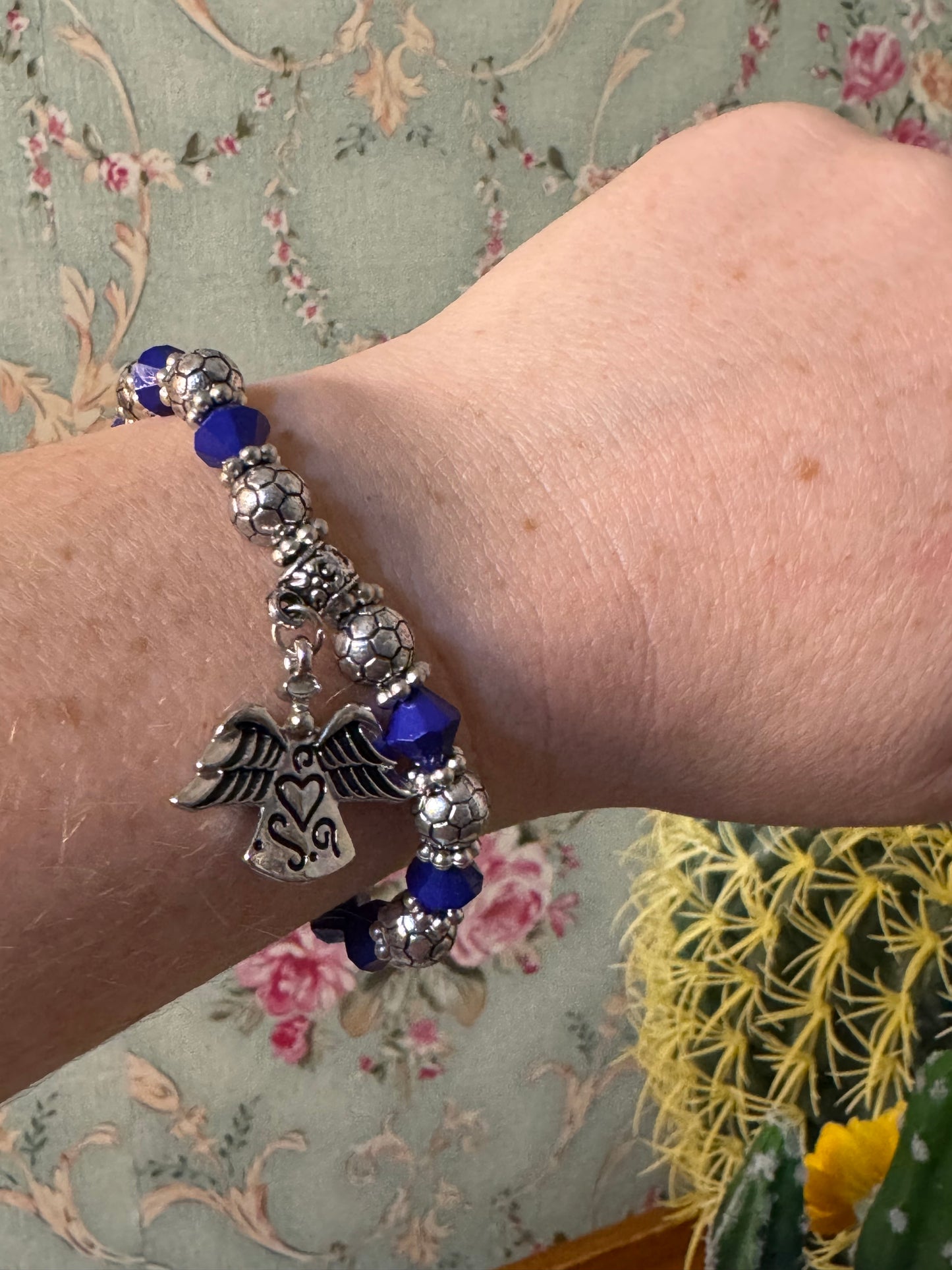 Heavenly Protection Stretch Bracelet – Silver & Blue with Angel Charm