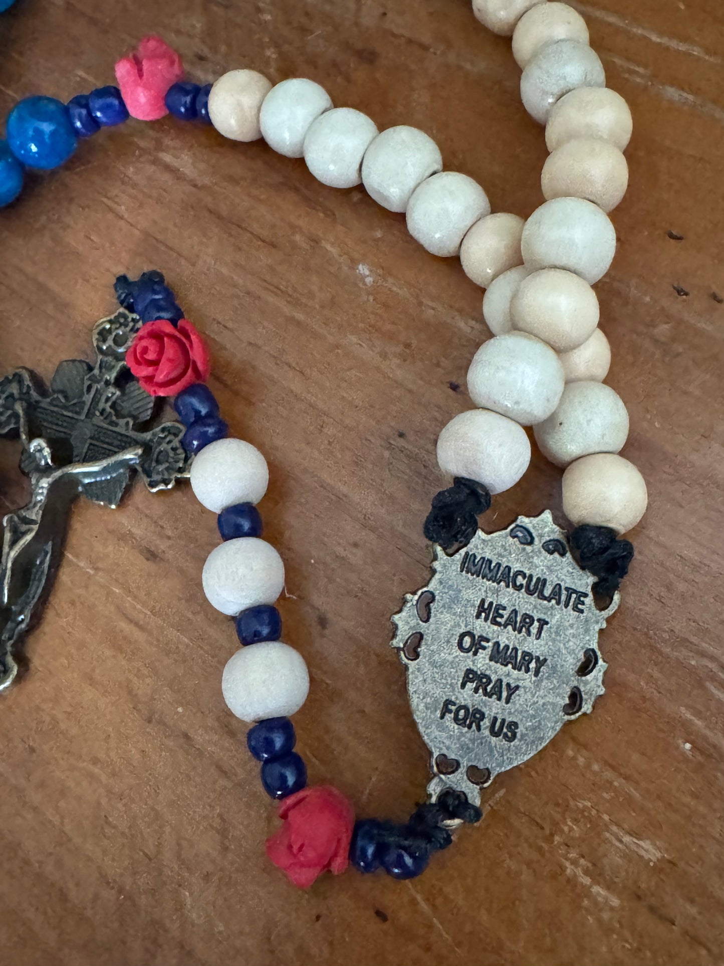 Handmade Blue Dragon Vein Agate & Natural Wood Rosary