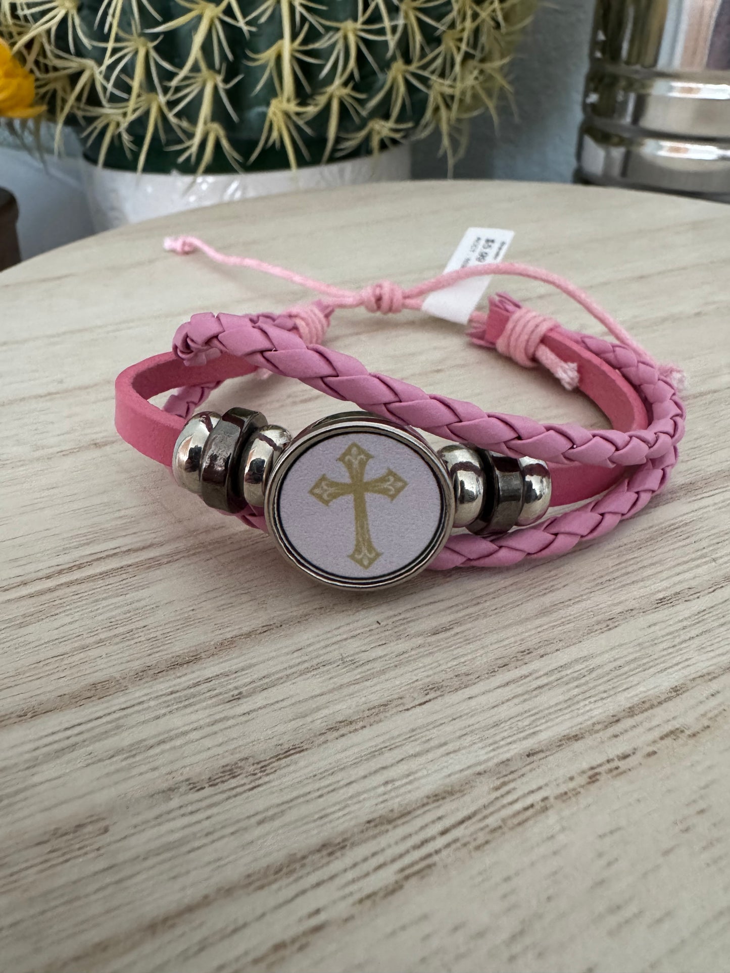 Faith-Inspired Braided Faux Leather Bracelet – Adjustable & Stylish - Pink