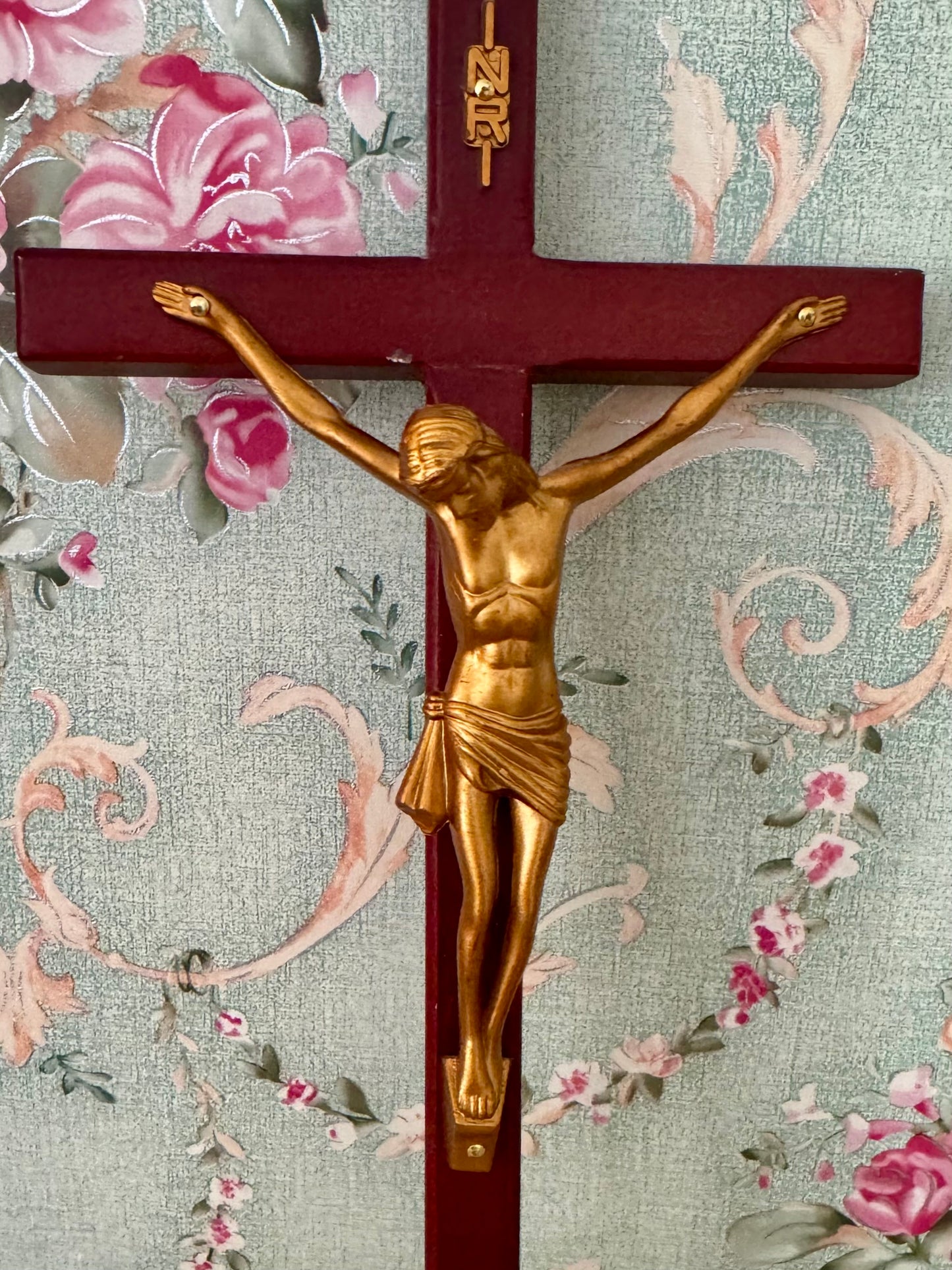 Lightweight Wall-Mount Crucifix | Red Wood Cross with Gold Plastic Corpus | 5.5" x 10"