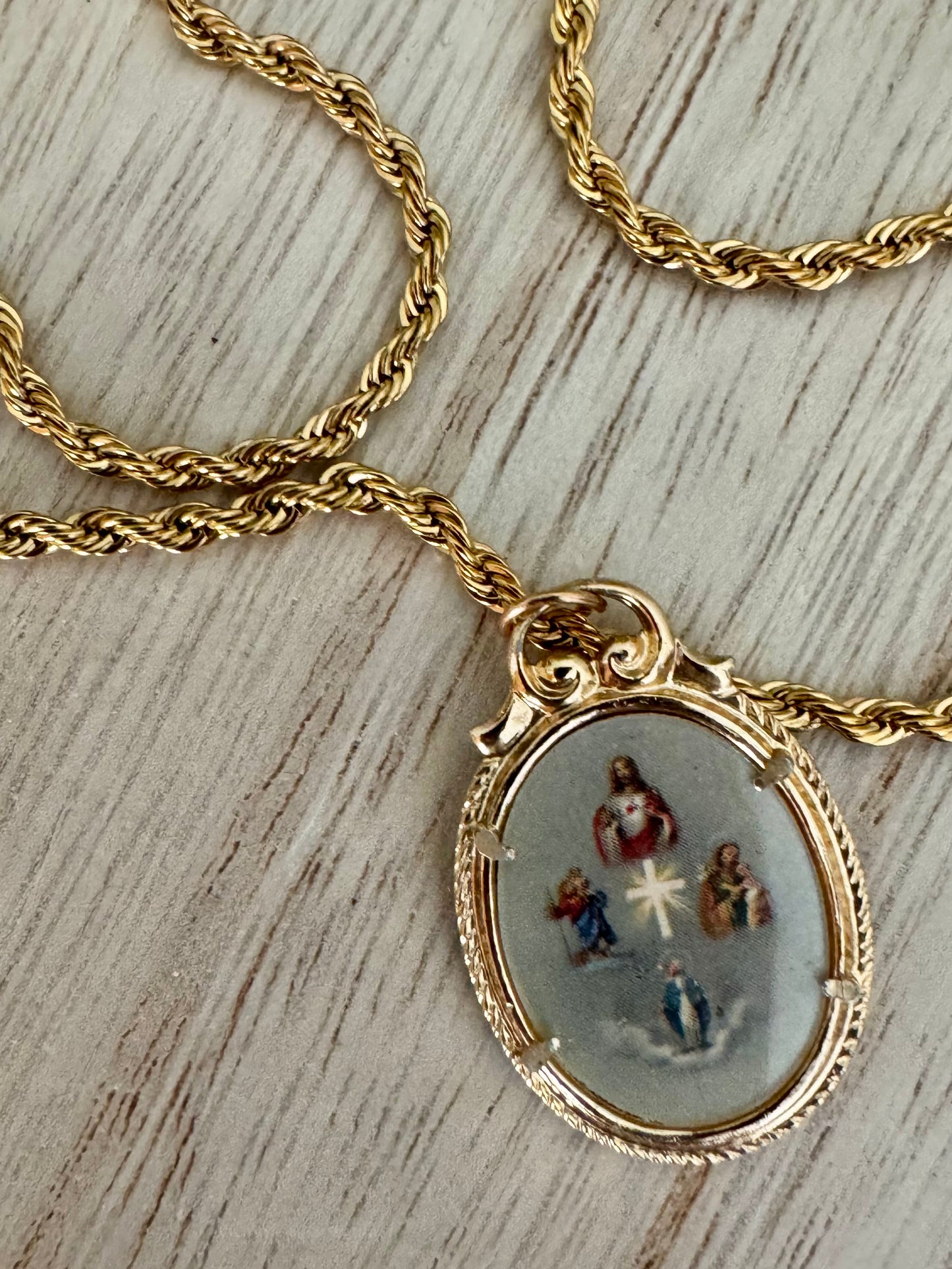 1950s Vintage Catholic Pendant – Sacred Heart of Jesus, St. Joseph & Immaculate Mary