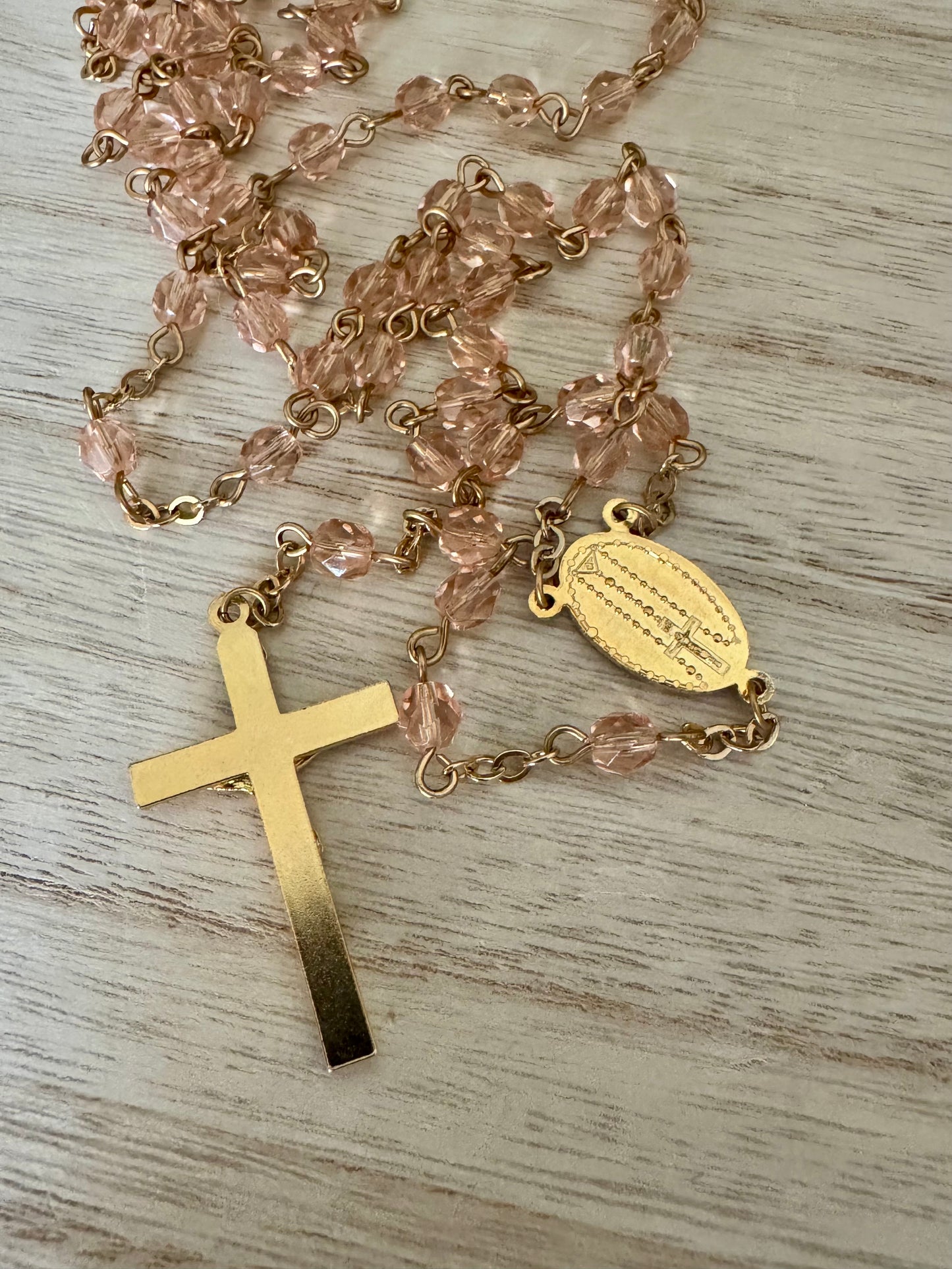 Pink & Gold Catholic Rosary – Small Crystal-Like Beads | Chain Link Design