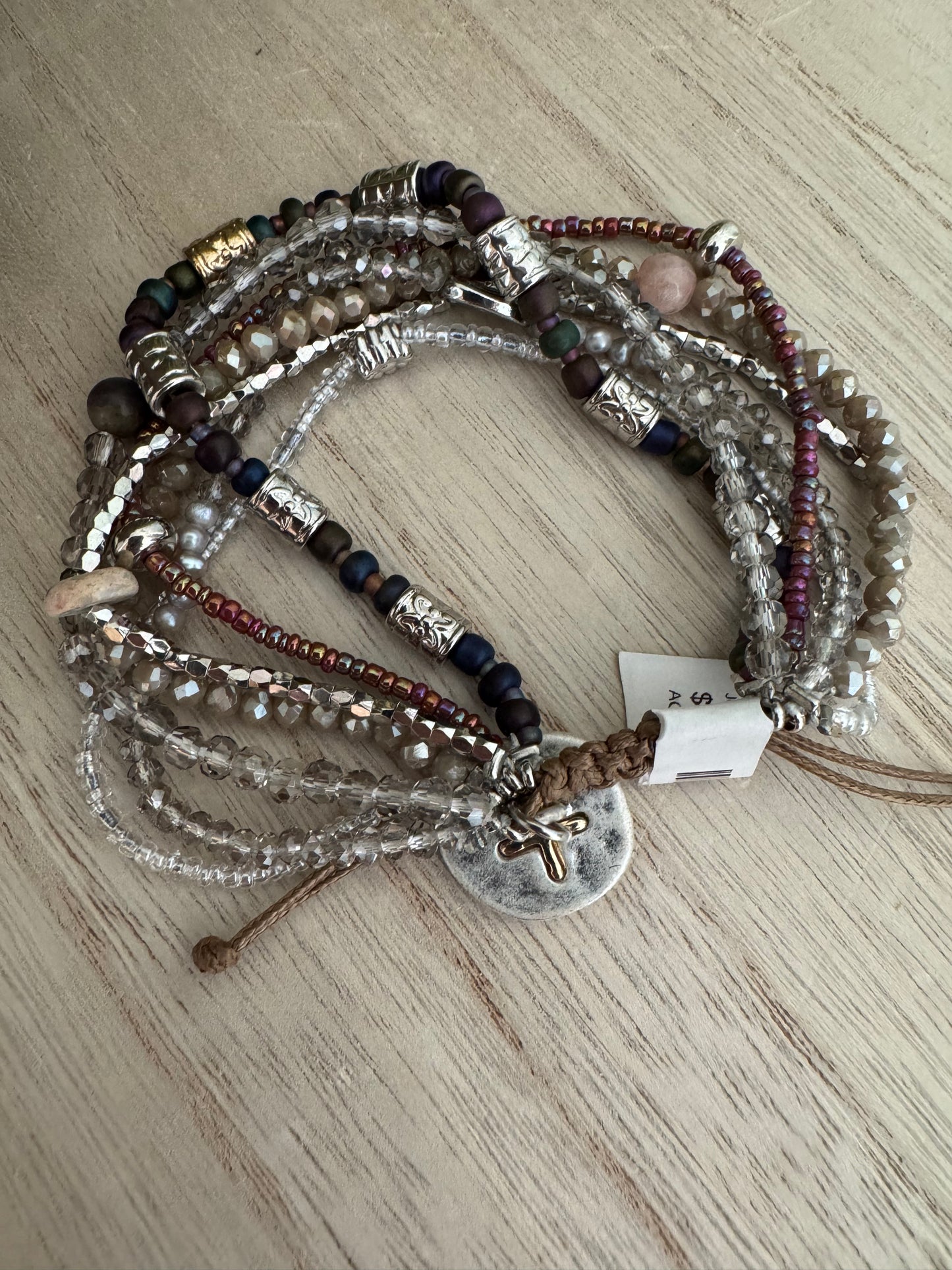 Adjustable Multi-Bead Layered Bracelet with Cross Charm