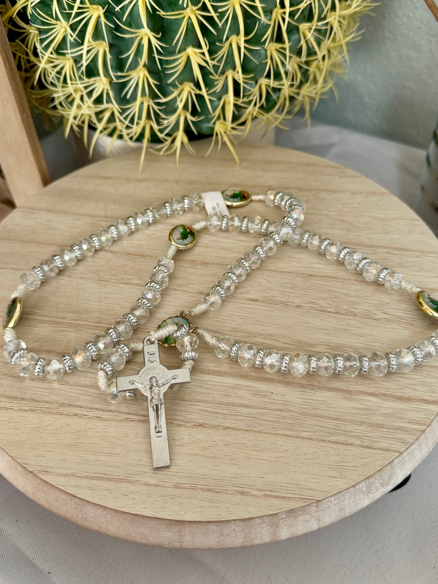Clear Silver Crystal Rosary – St. Jude & St. Benedict