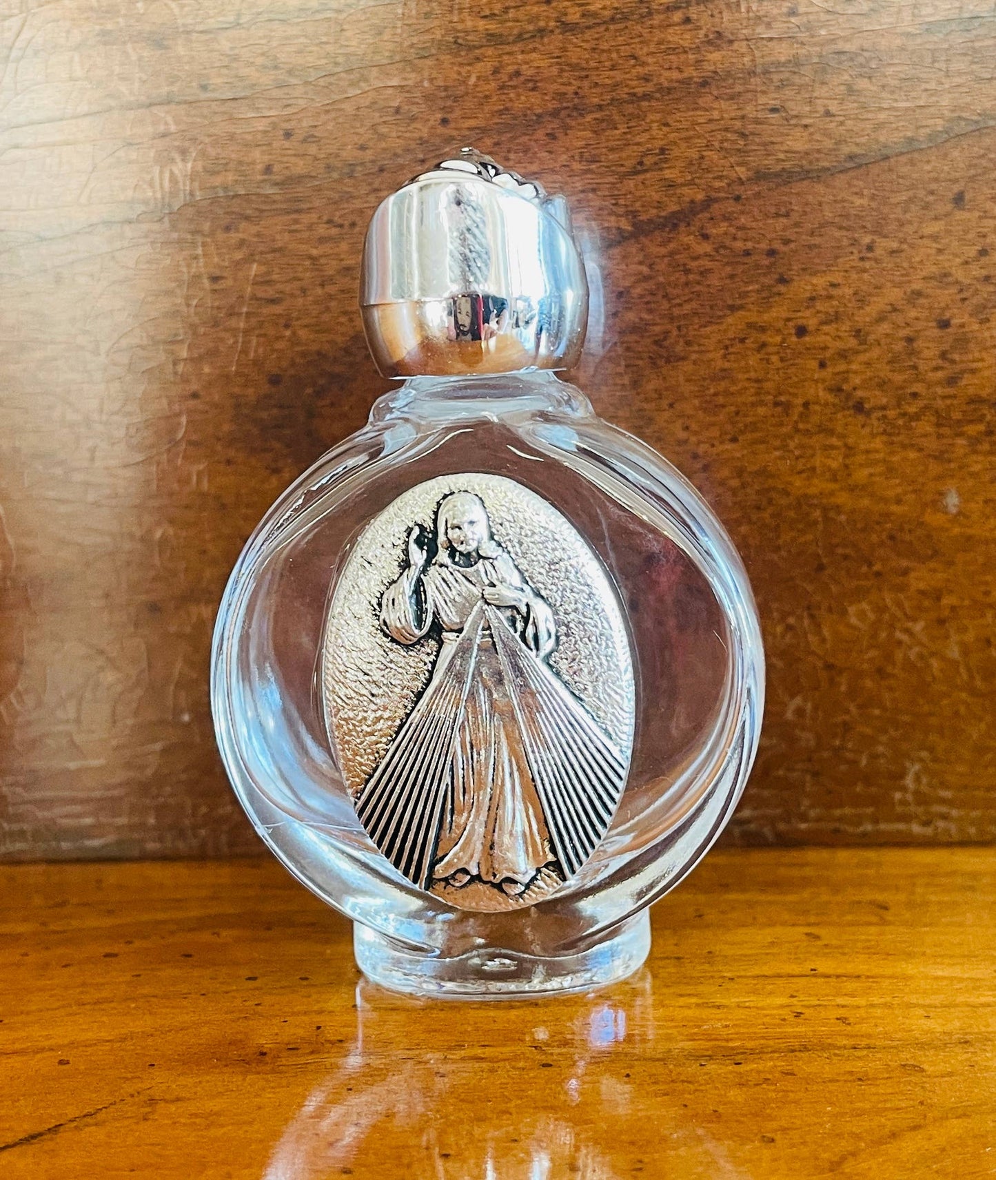 Divine Mercy Holy Water Bottle with Rose Top – 2.5″ x 1.75″ Glass