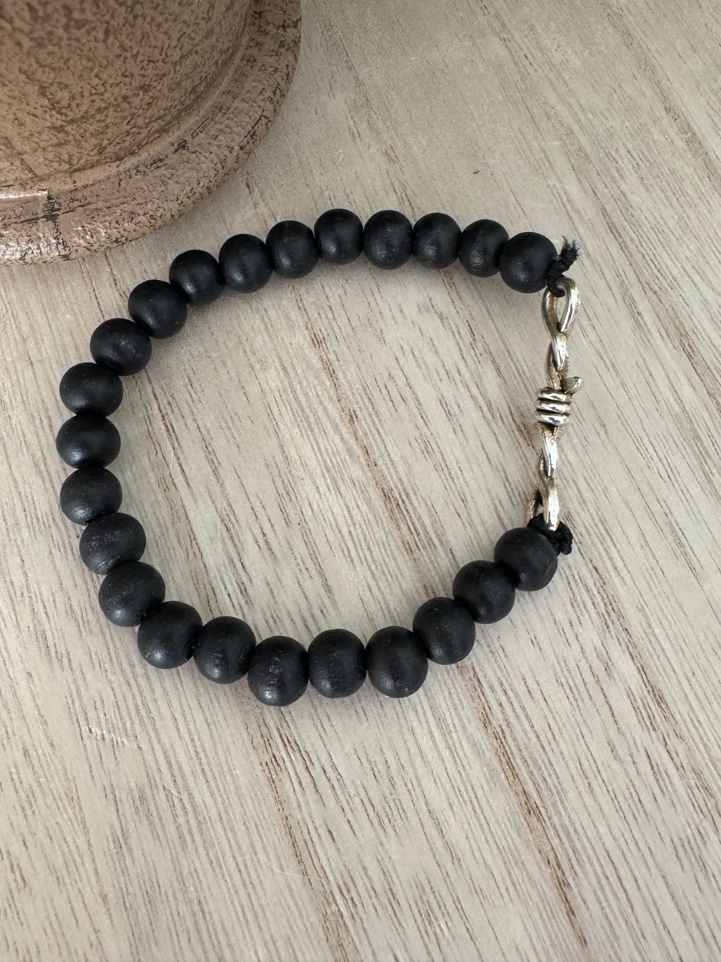 Black Wood Bead Bracelet with Crown of Thorns Design