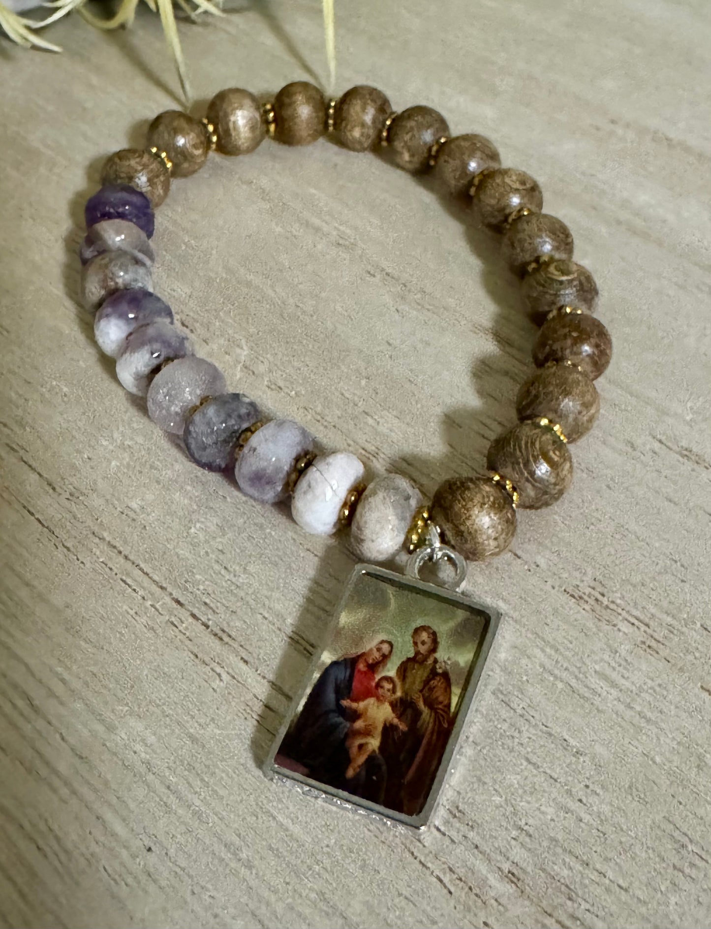 Purple & Wood Holy Family Bracelet
