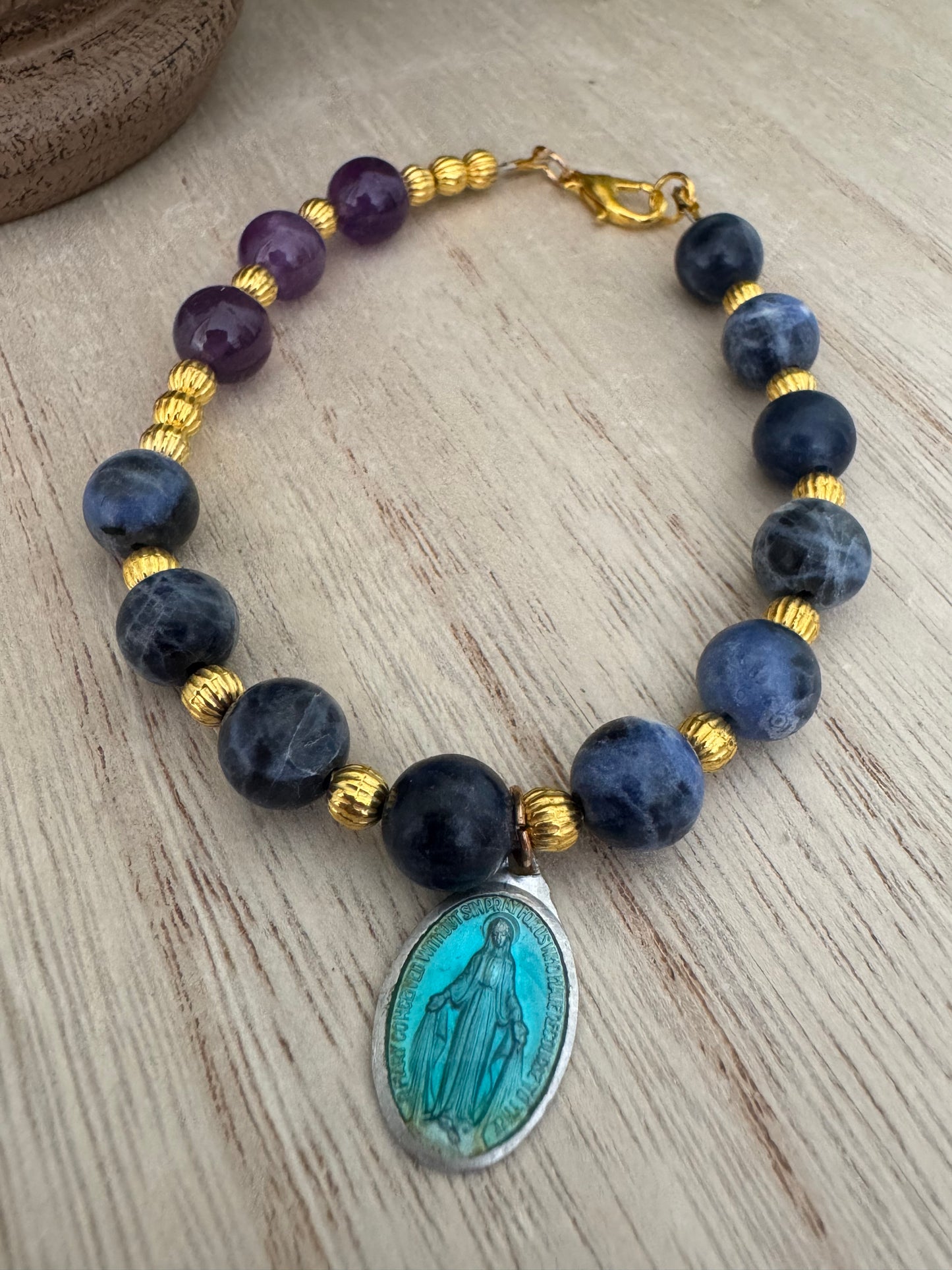 Handmade Blue & Purple Gemstone Bracelet with Vintage Miraculous Medal – 8 Inches