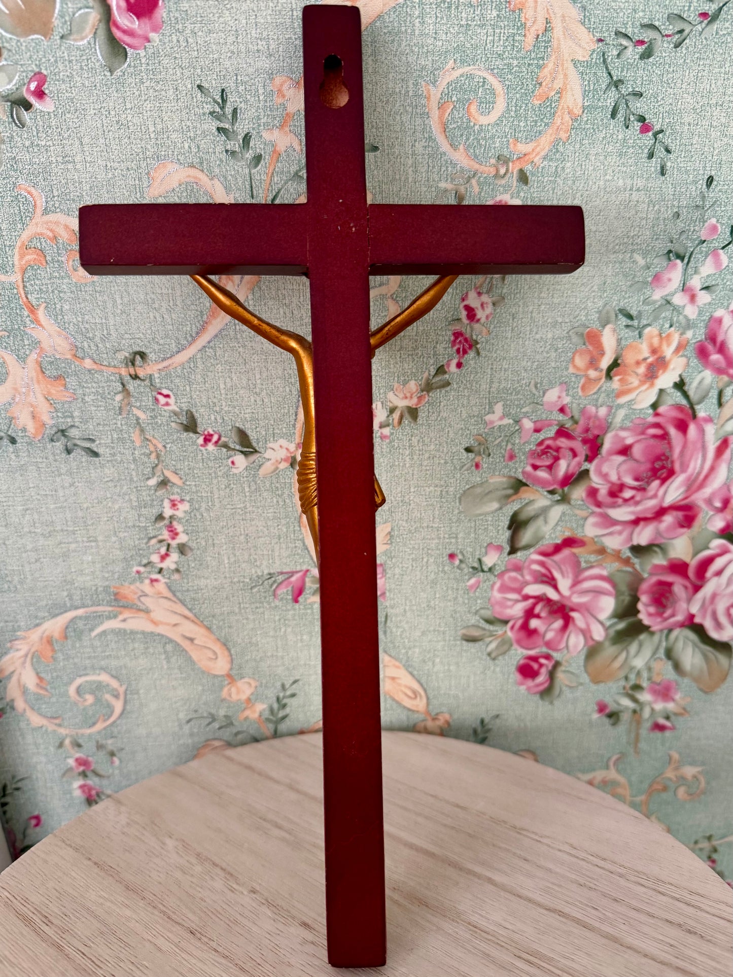 Lightweight Wall-Mount Crucifix | Red Wood Cross with Gold Plastic Corpus | 5.5" x 10"