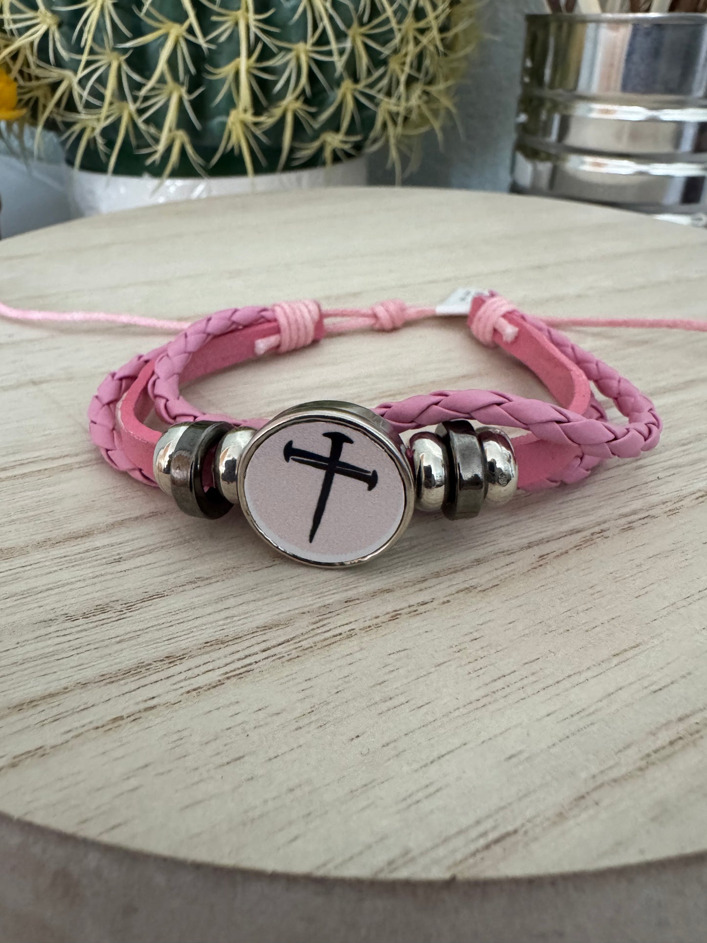 Faith-Inspired Braided Faux Leather Bracelet – Adjustable & Stylish - Pink