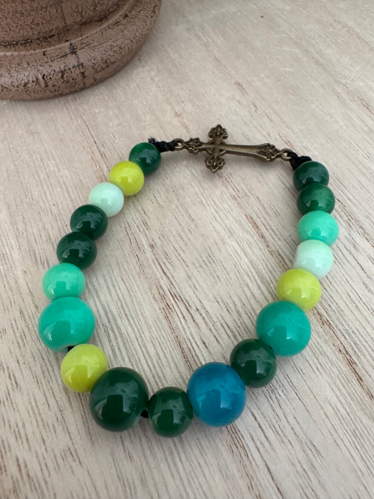 Fun & Funky Green & Blue Beaded Stretch Bracelet with Gold Cross – 7 Inches