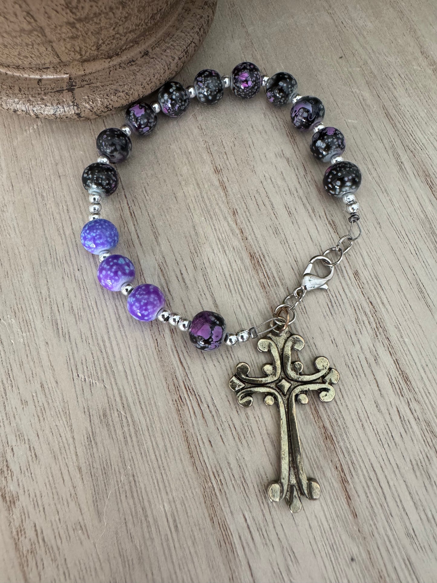 Handmade Purple Beaded Rosary Bracelet with Gold Cross – 7.5 Inches