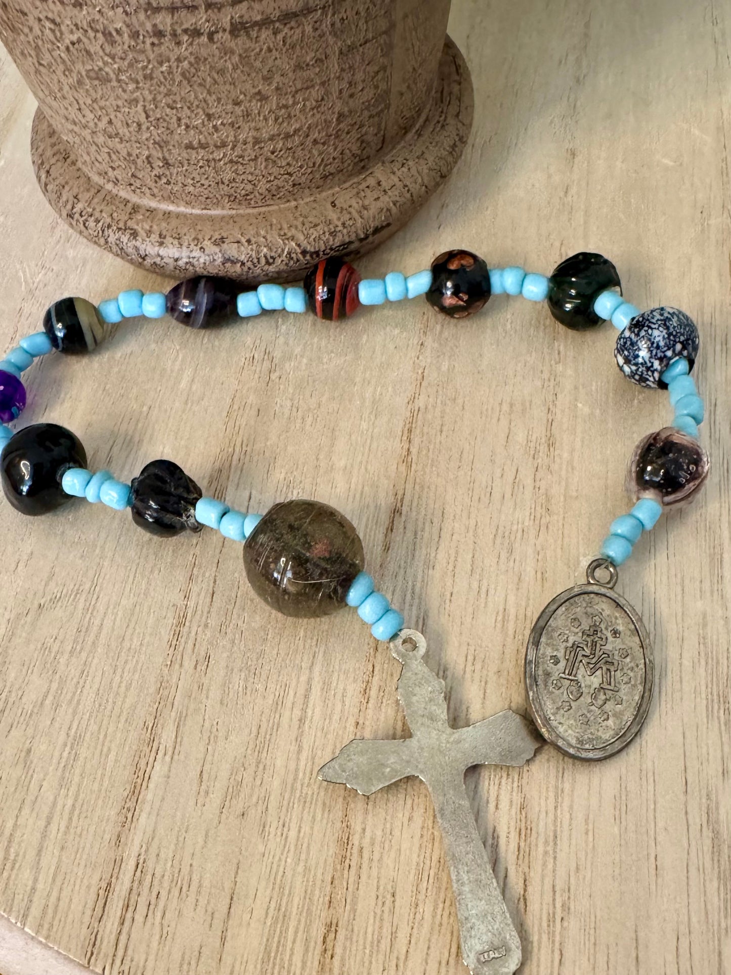 Handmade Single Decade Rosary – Silver Miraculous Medal & Crucifix, Unique Beads