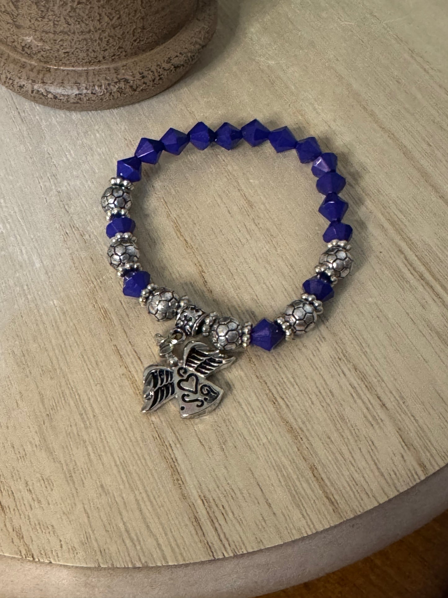 Heavenly Protection Stretch Bracelet – Silver & Blue with Angel Charm