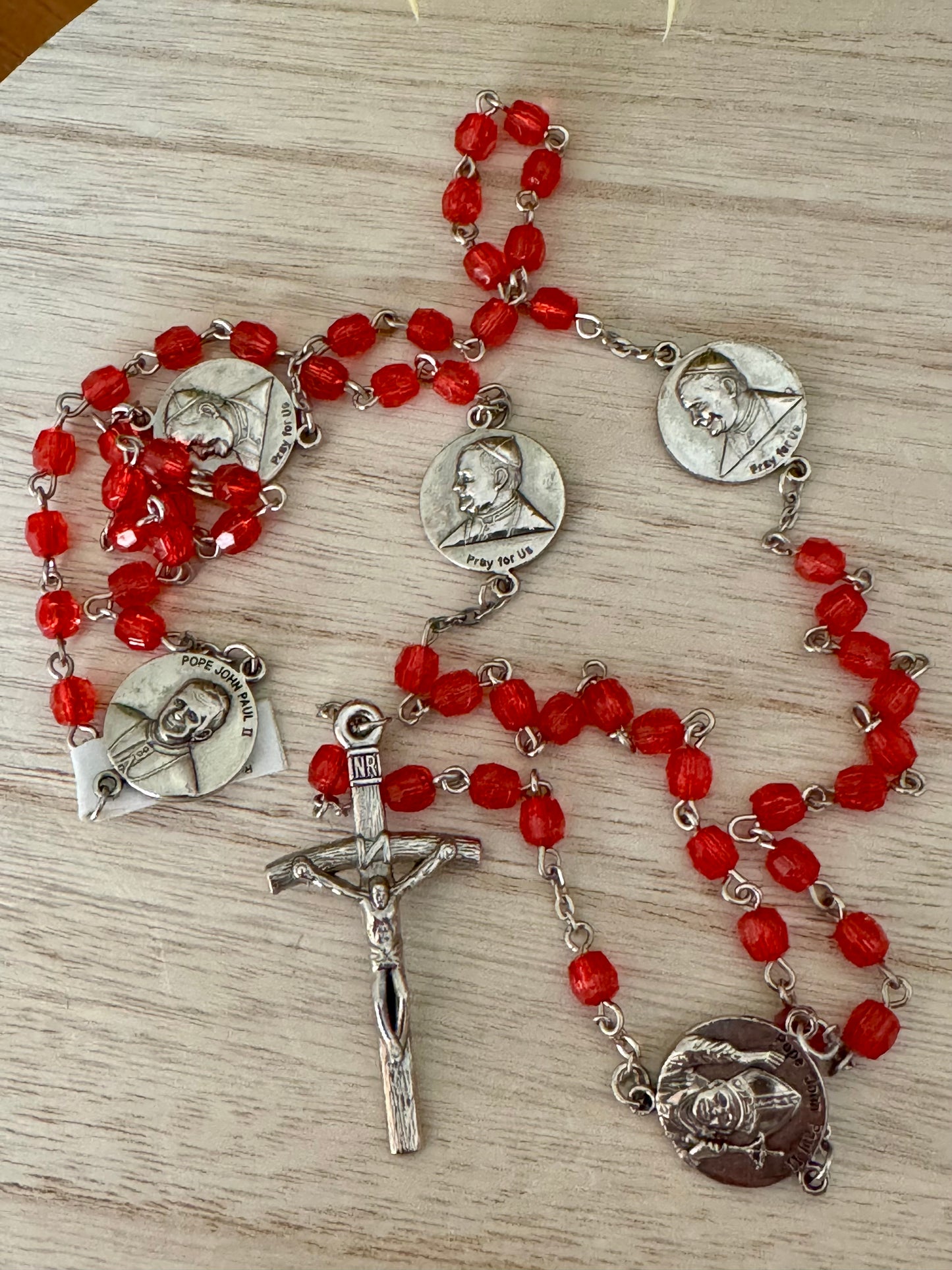 Red Plastic Bead Rosary – Pope John Paul II & Immaculate Conception