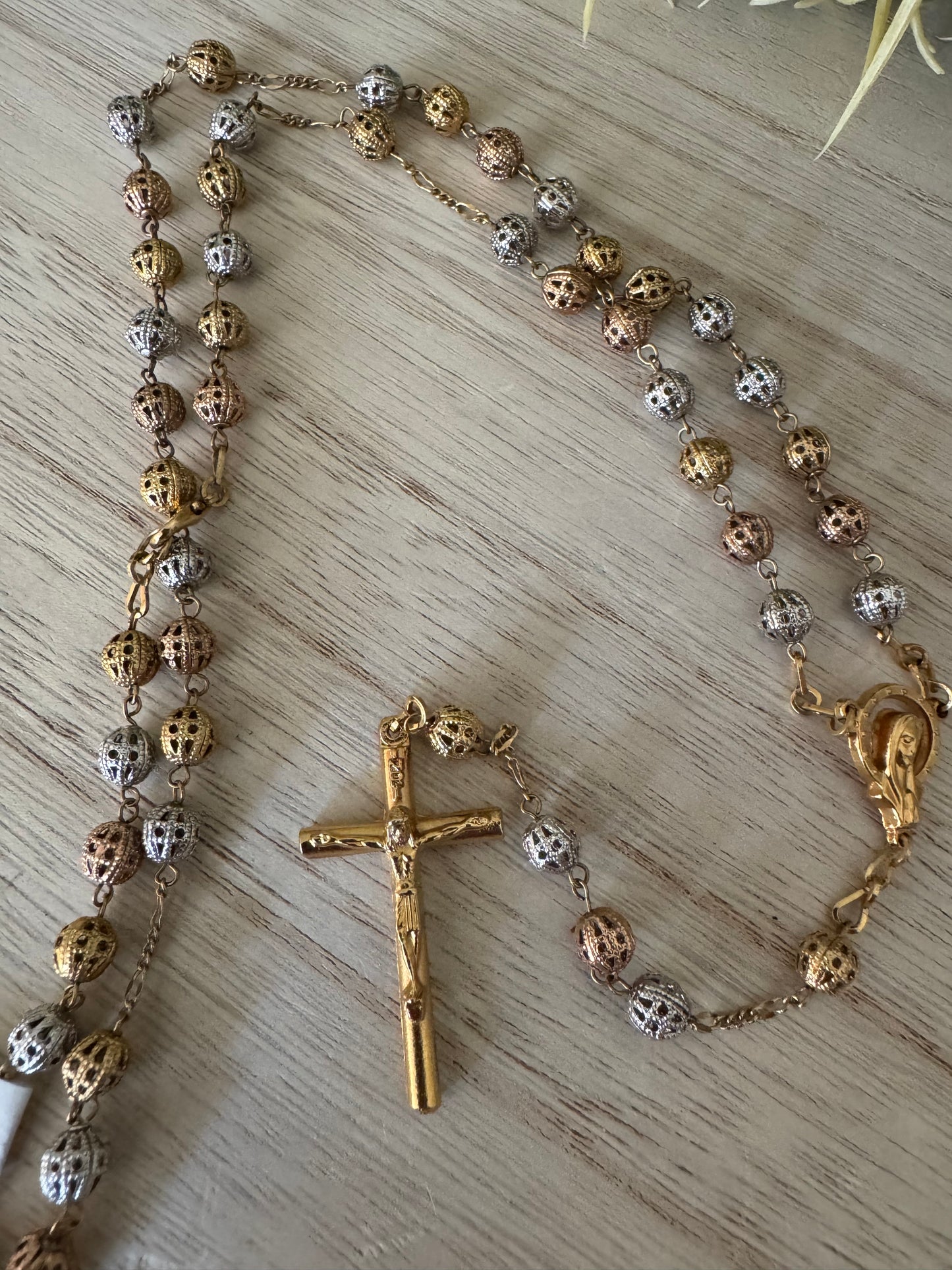 Delicate Silver & Gold Rosary – Textured Metal Beads