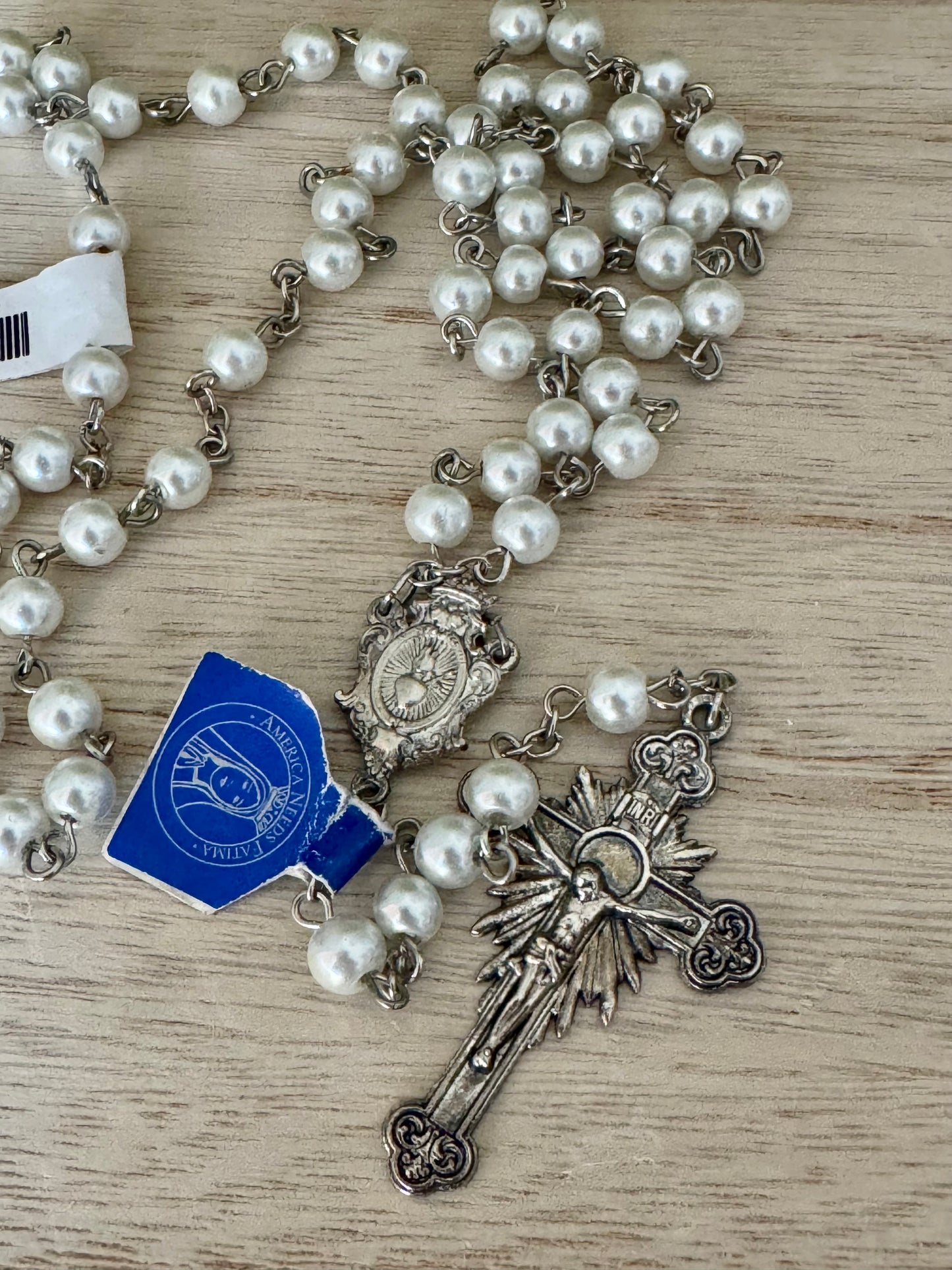 Pearl-Like Fatima Rosary – Immaculate Heart Centerpiece | Silver-Tone with Beautiful Crucifix