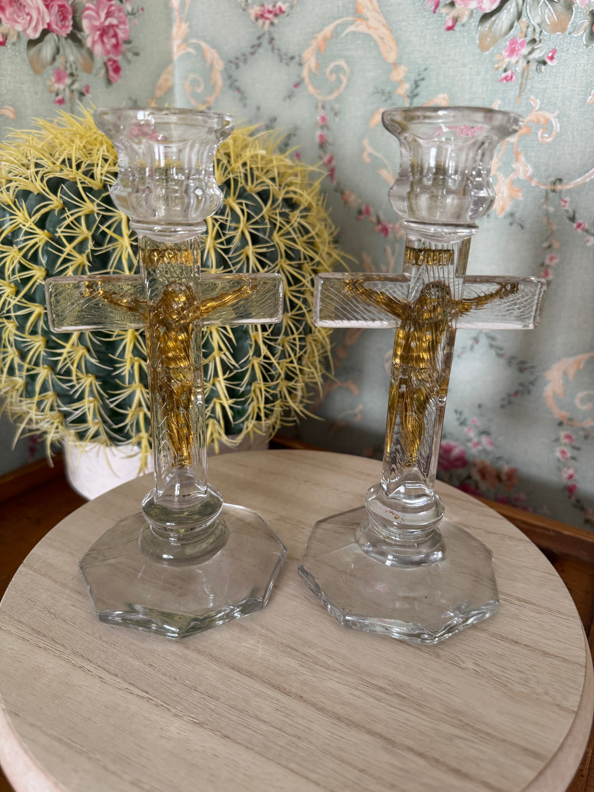 Vintage Glass Crucifixion Candlesticks, Pair, 7.25"