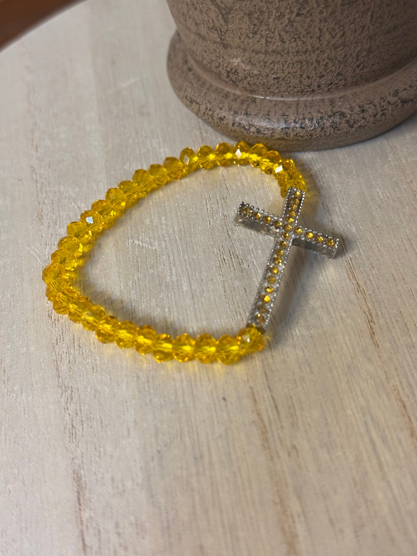 Sunlit Faith Stretch Bracelet – Yellow Crystal Beads with Rhinestone Cross