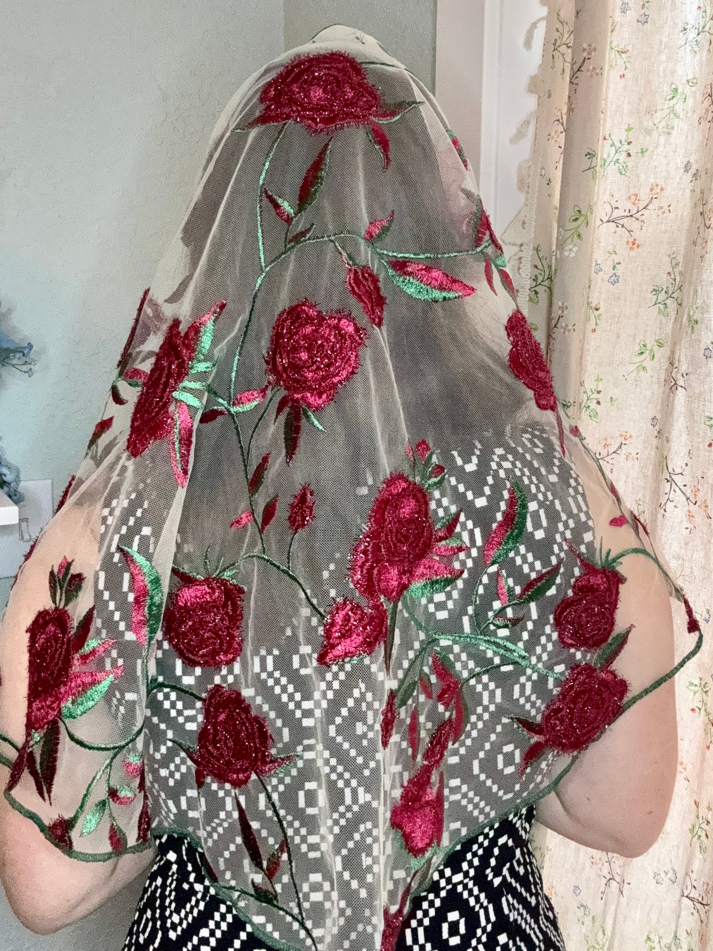 Our Lady of Guadalupe Red & Green Mesh Veil