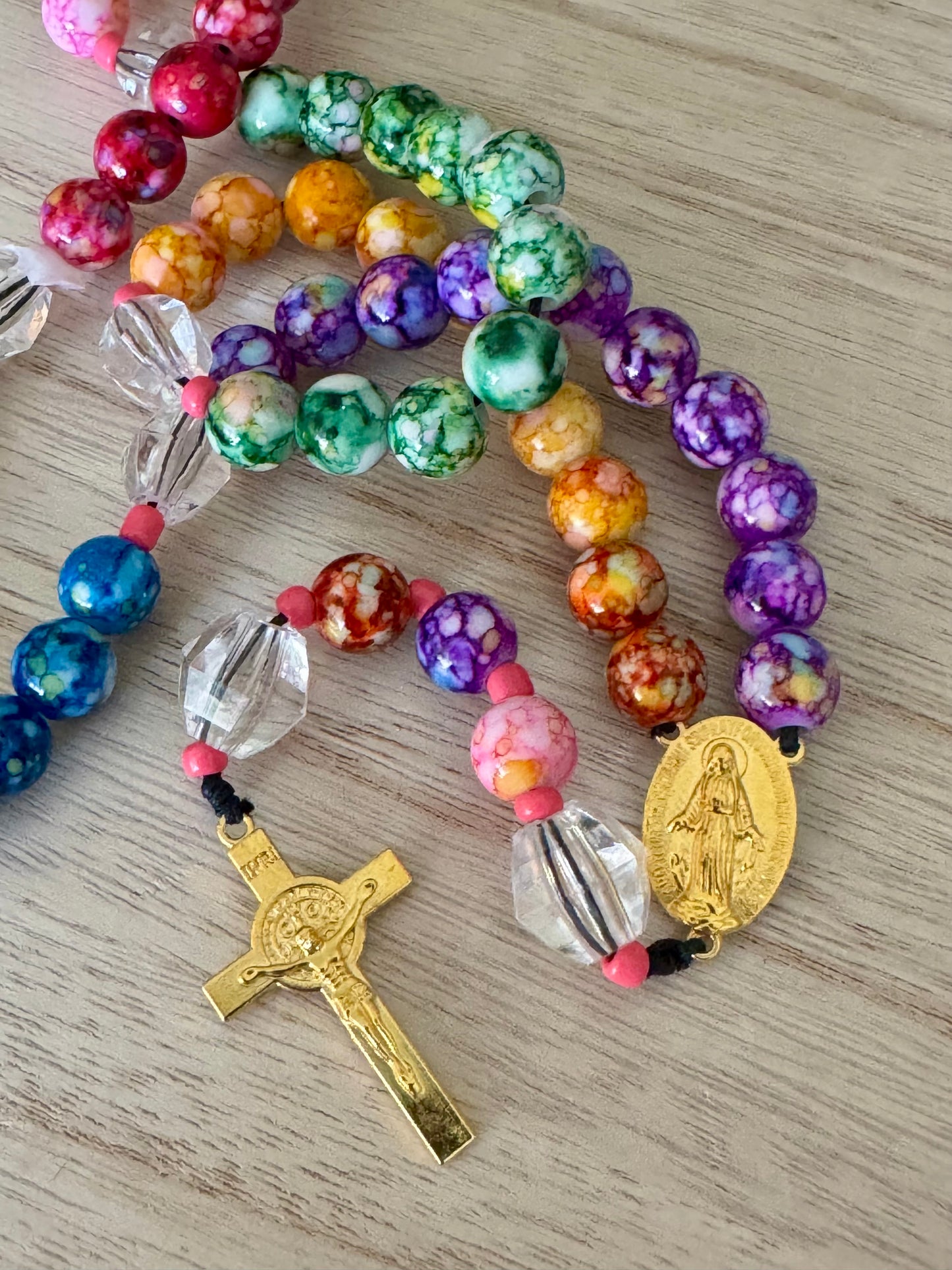 Handmade Multicolored Acrylic Bead Rosary – Marbled Blue, Green, Purple, Orange & Yellow