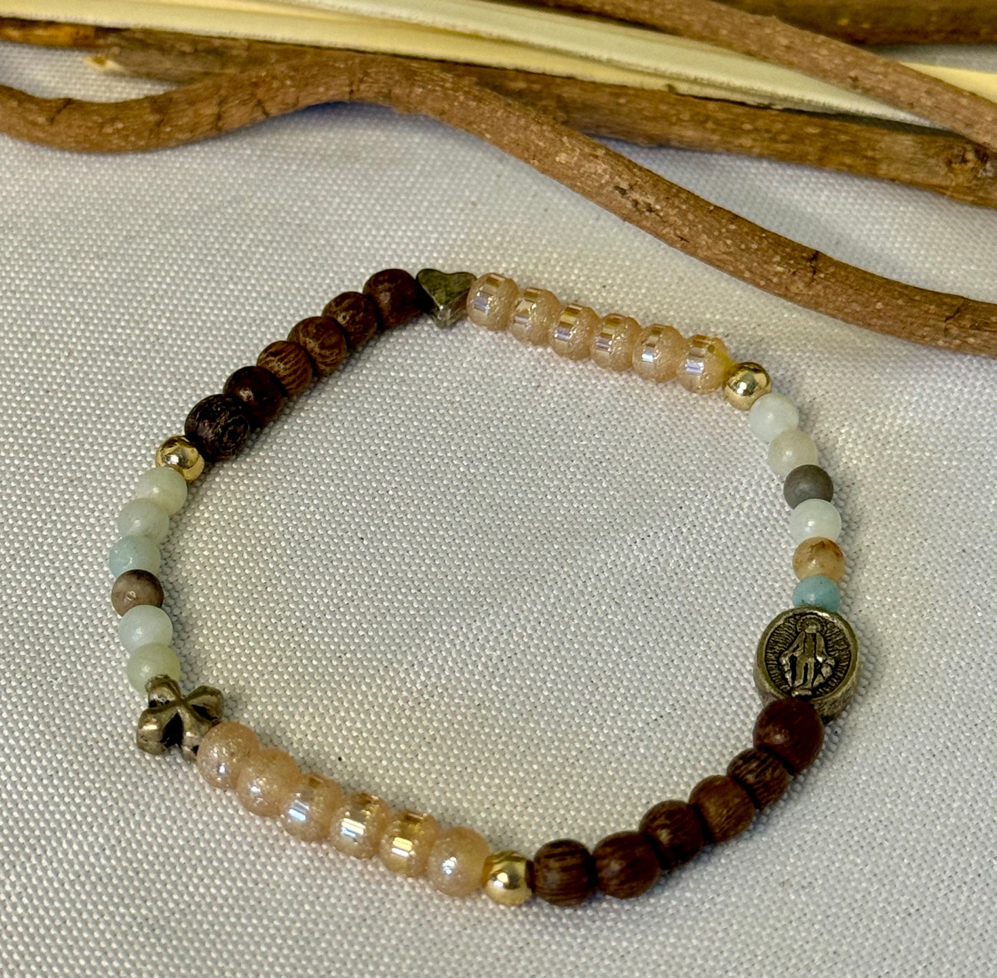 Multicolored, Wood Sparkel Miraculous Medal Strech Bracelet
