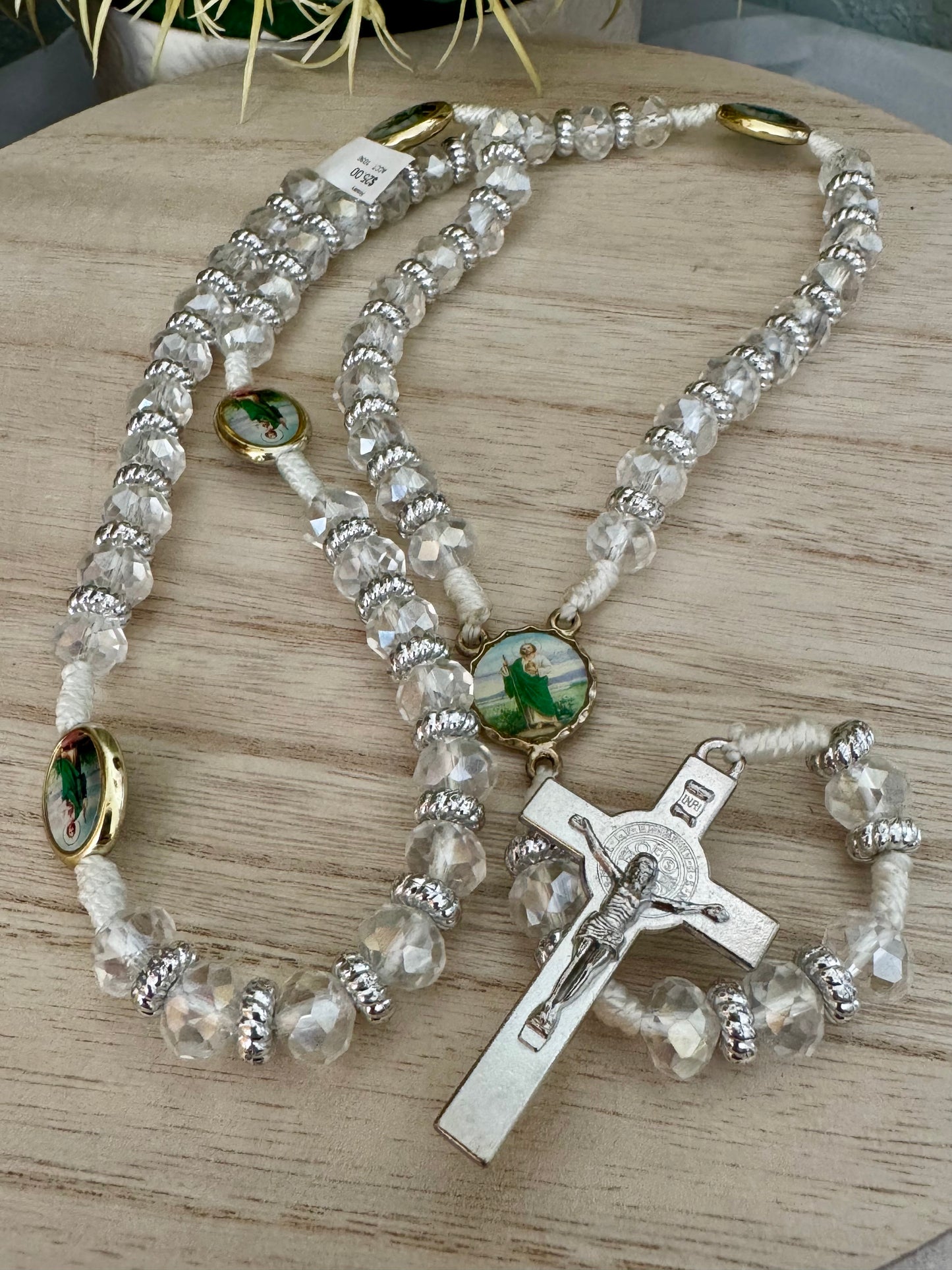 Clear Silver Crystal Rosary – St. Jude & St. Benedict