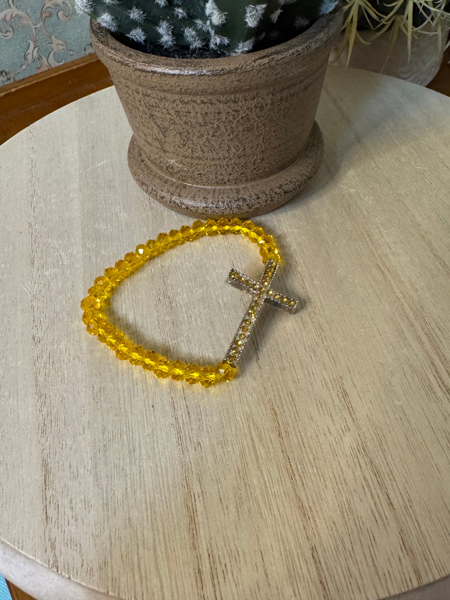 Sunlit Faith Stretch Bracelet – Yellow Crystal Beads with Rhinestone Cross